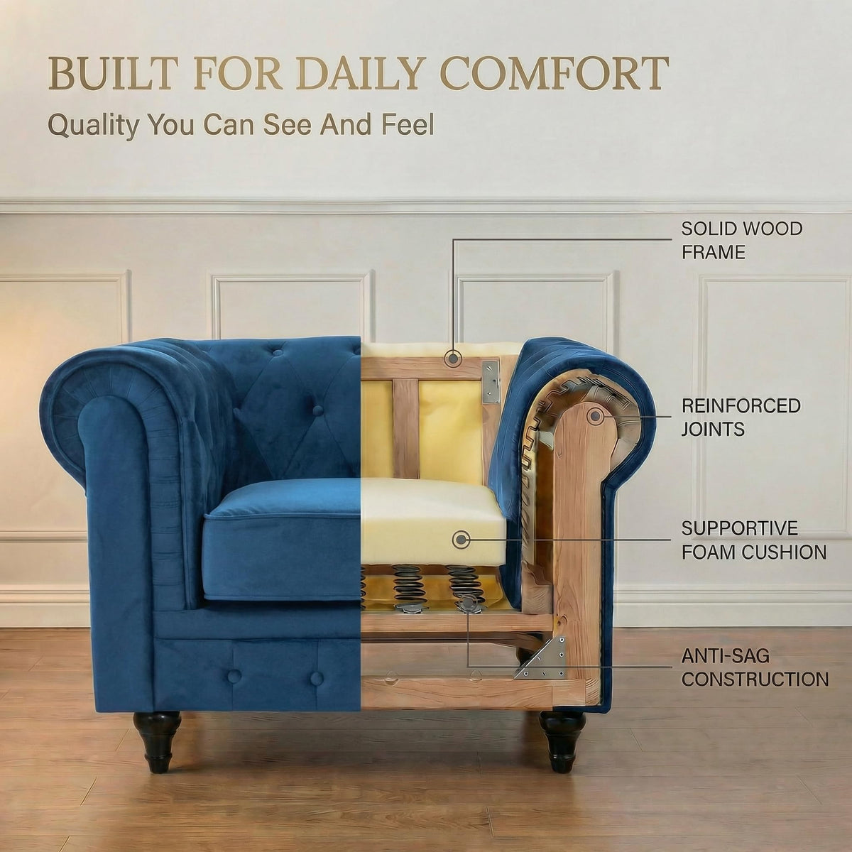 Chesterfield Scroll Arm Velvet Sofa 1 Seater | Navy Blue