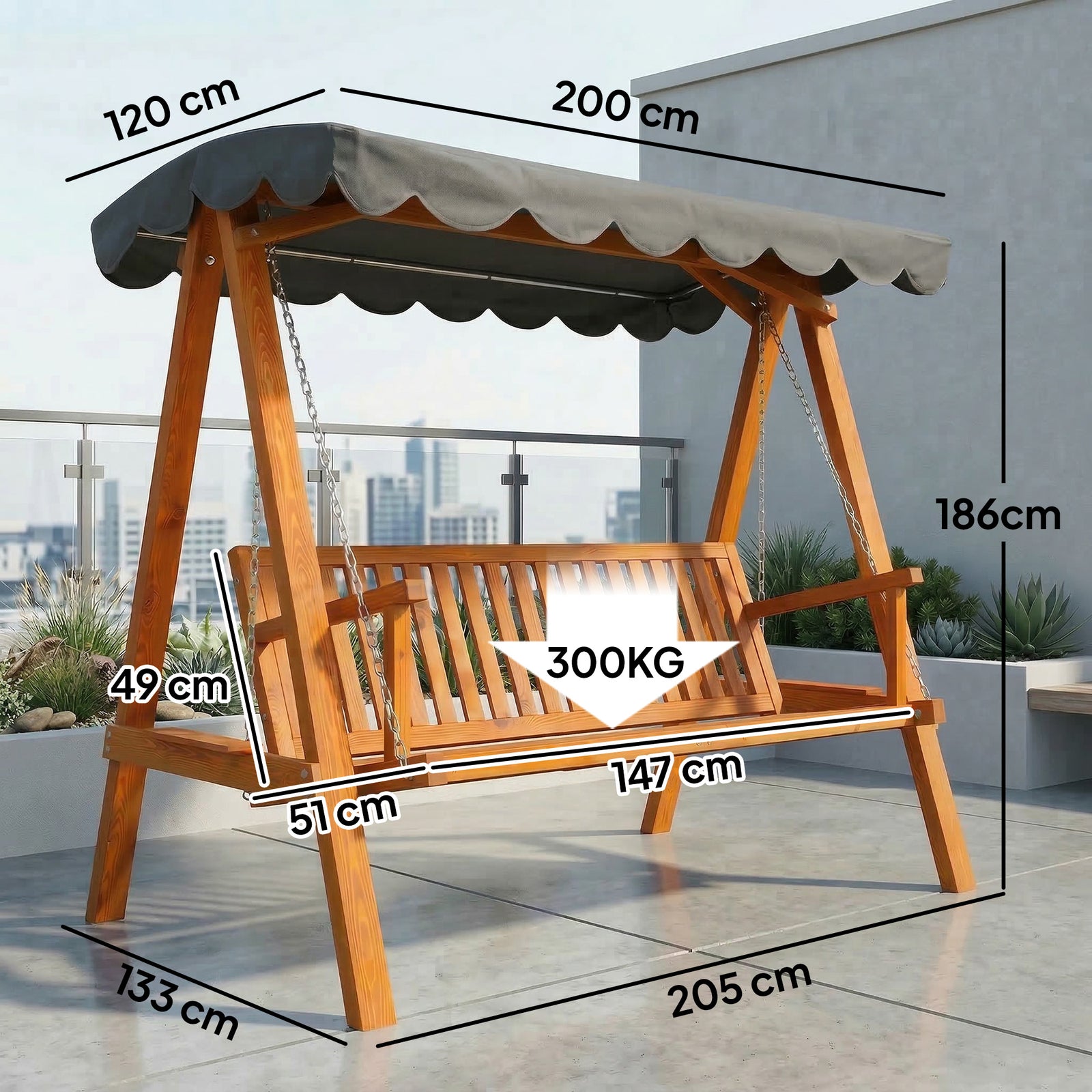 3 Seater Garden Swing Seat With Canopy, Outdoor Hammock Bench | Natural