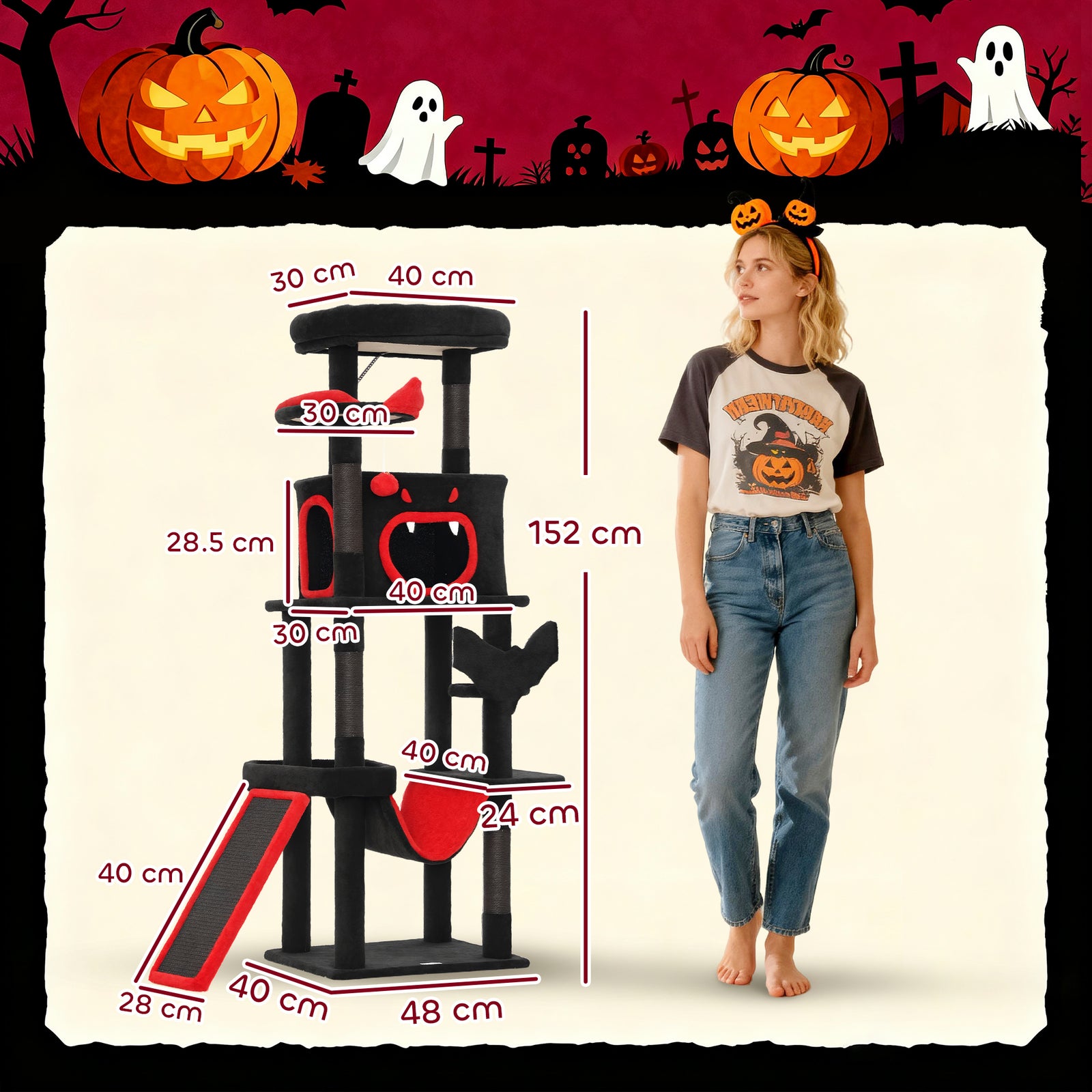 152cm Gothic Cat Tree For Halloween With Coffin Bed, Large Condo