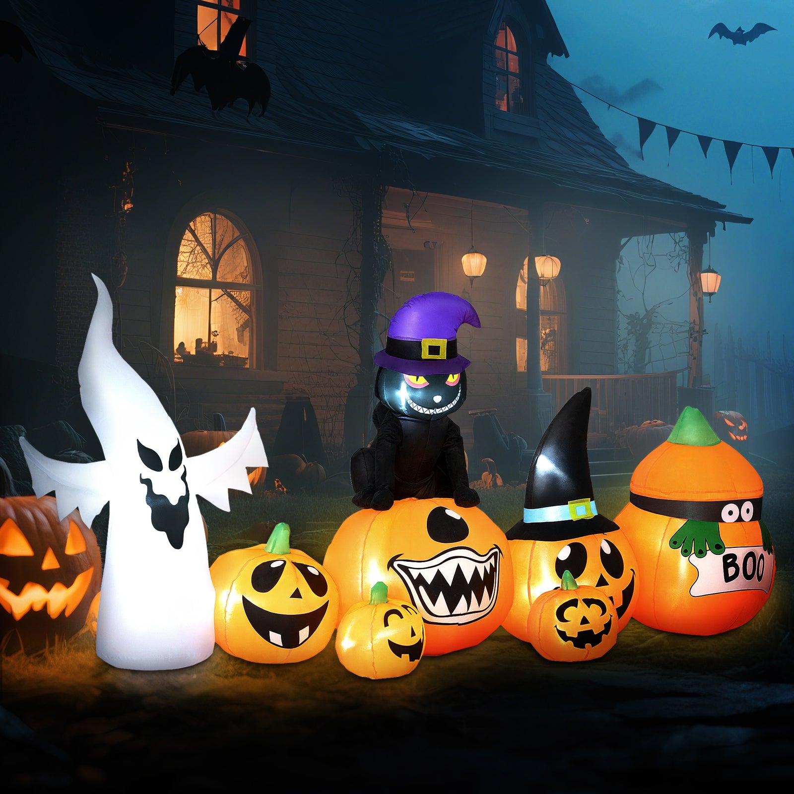 8 Ft Blow Up Halloween Inflatables Pumpkin Ghost And Cat Combo