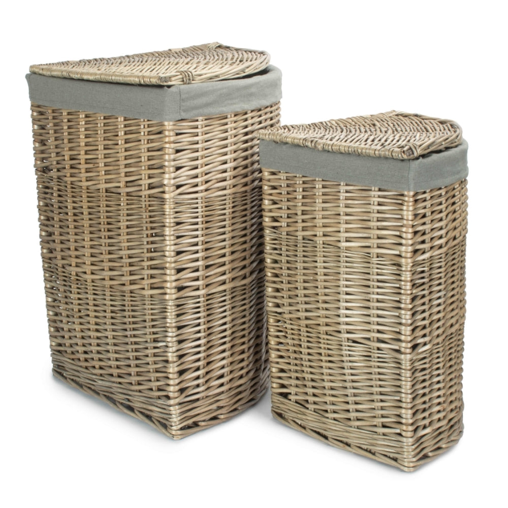 Antique Wash Corner Linen Basket With Grey Sage Lining | Set-of-2
