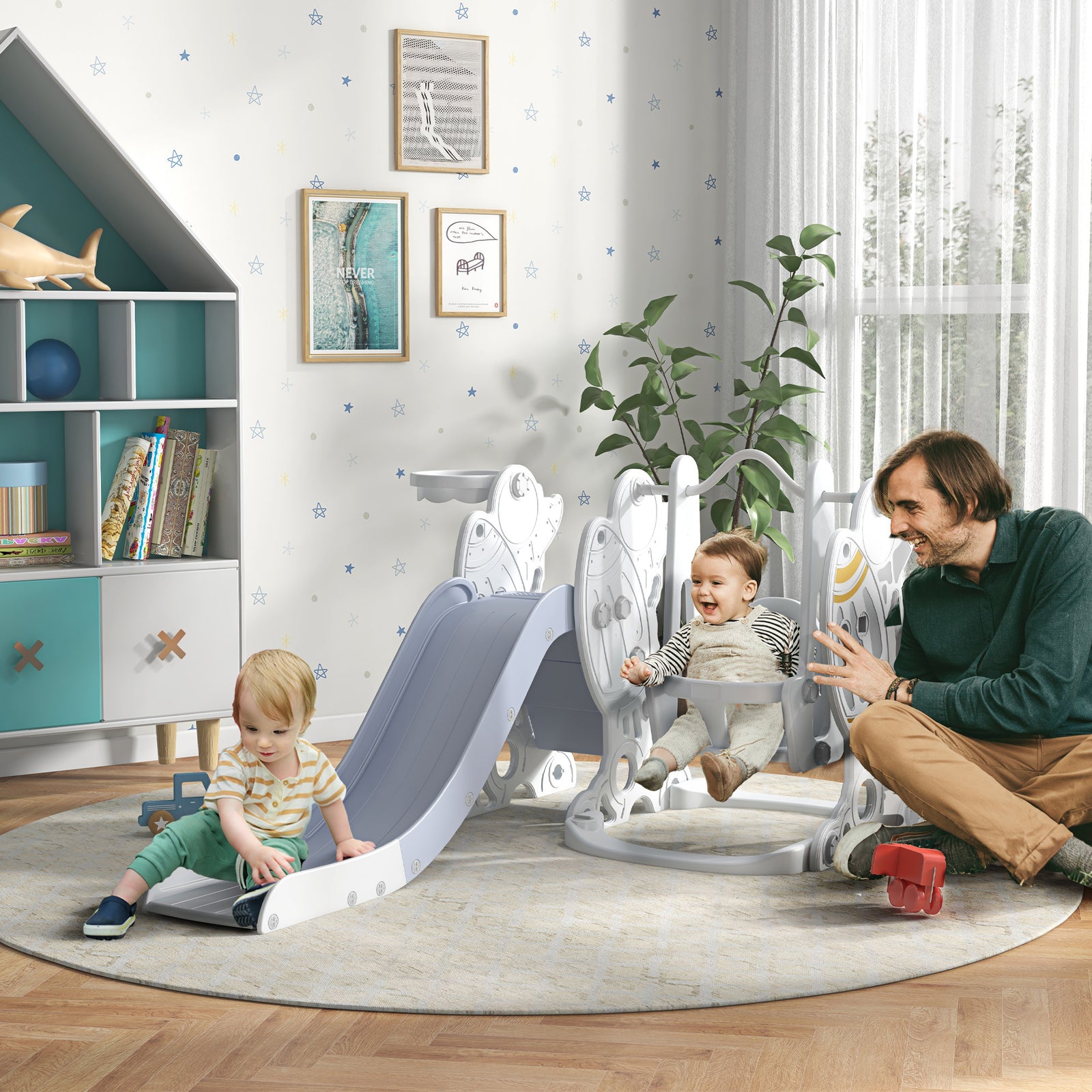 Space-themed Slide And Swing Set For Kids W/ Basketball Hoop | Grey