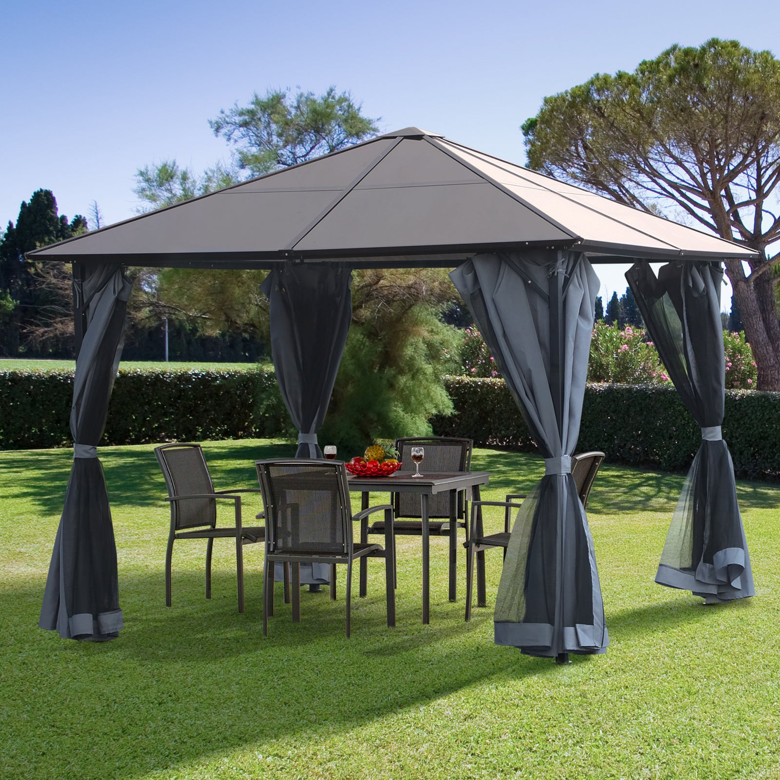 Pc Hardtop Gazebo With Aluminium Frame And Curtains | Small | Gray