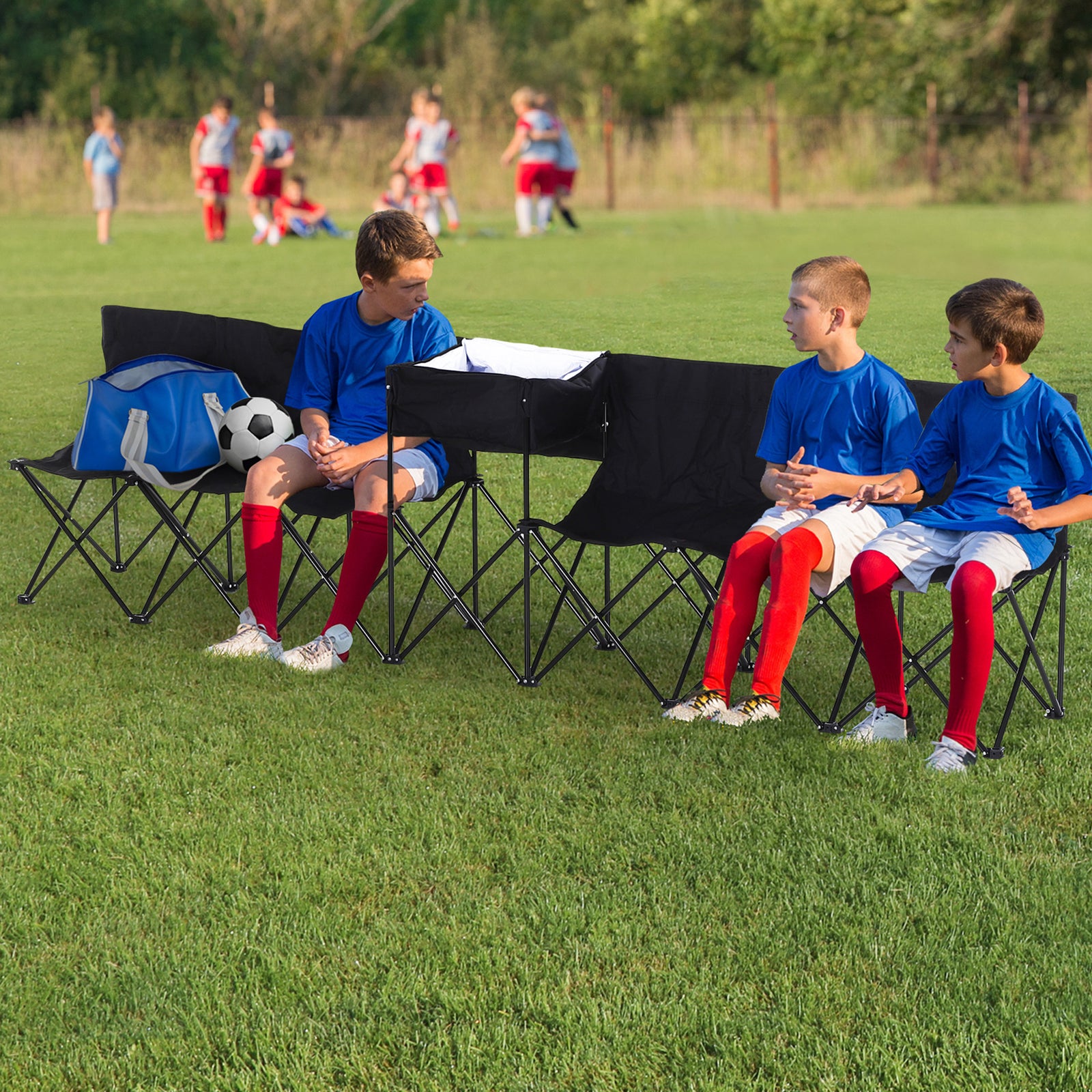 6 Seat Camping Bench Folding Portable Outdoor W/ Cooler Bag | Black