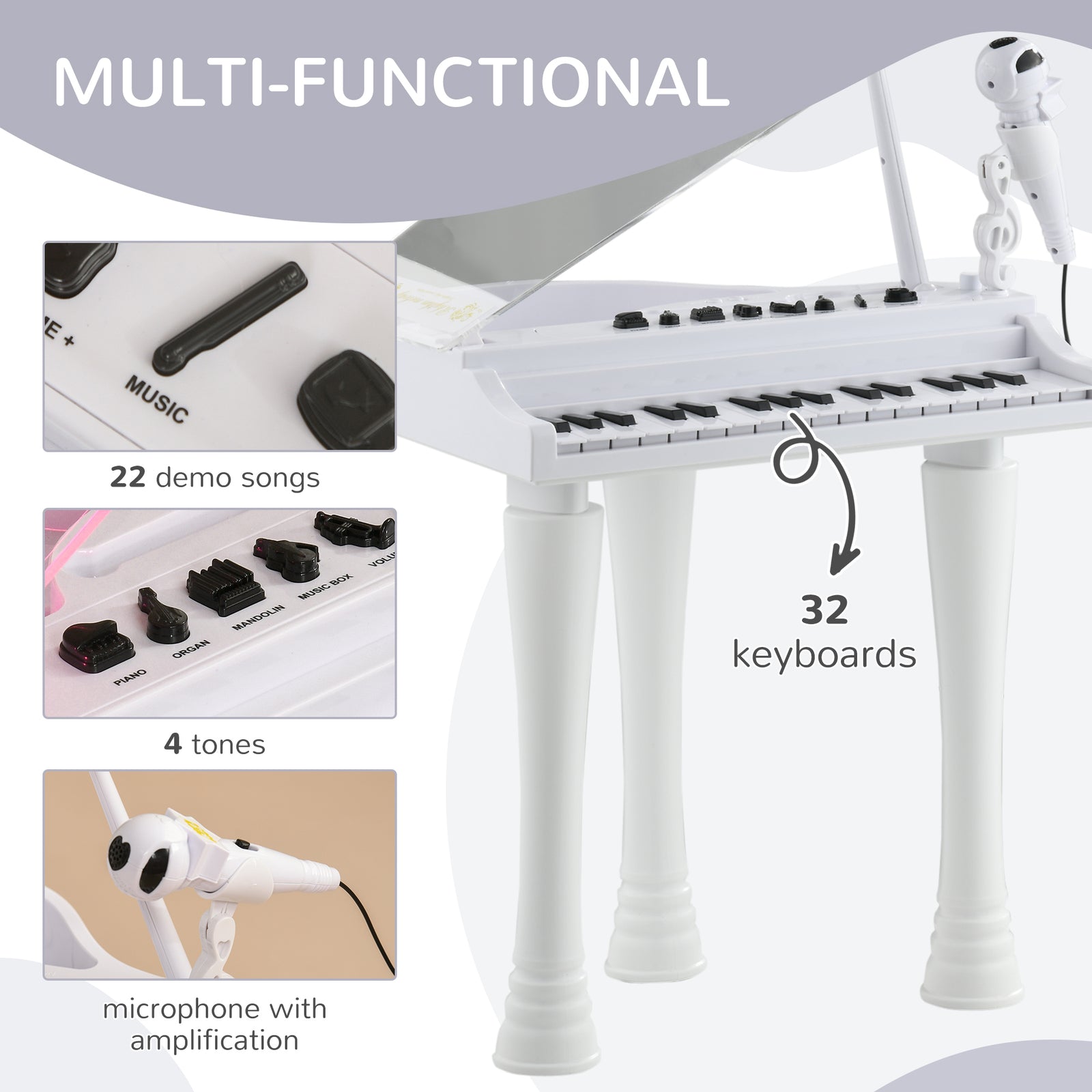 32 Keys Kids Piano Keyboard With Stool, Lights, Microphone | White