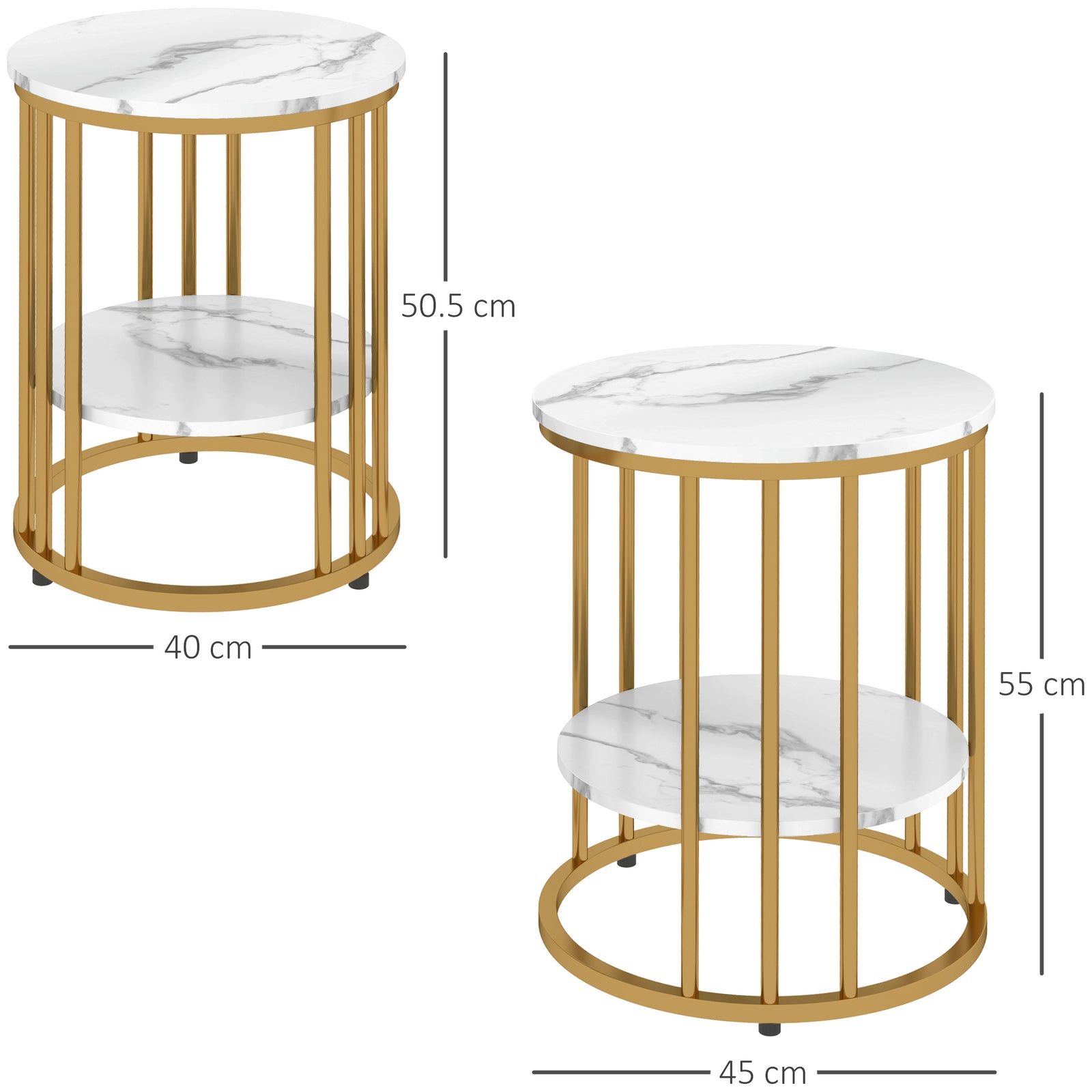 Marble-effect Round Coffee Table Set Of 2 For Living Room | Gold