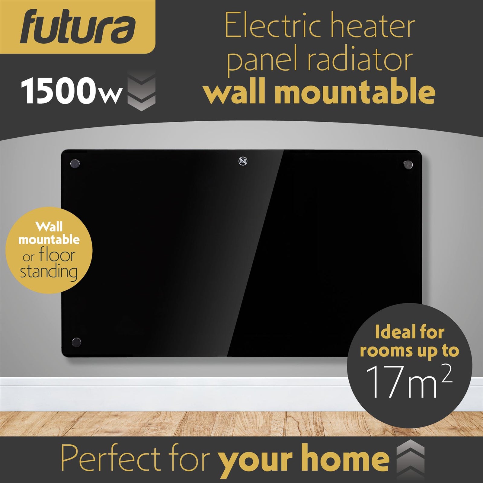 Electric Wifi Glass Radiator Panel Heater Black Wall Mounted Or Floor Standing Bathroom Safe, Timer And Thermostat | 1500w | Black