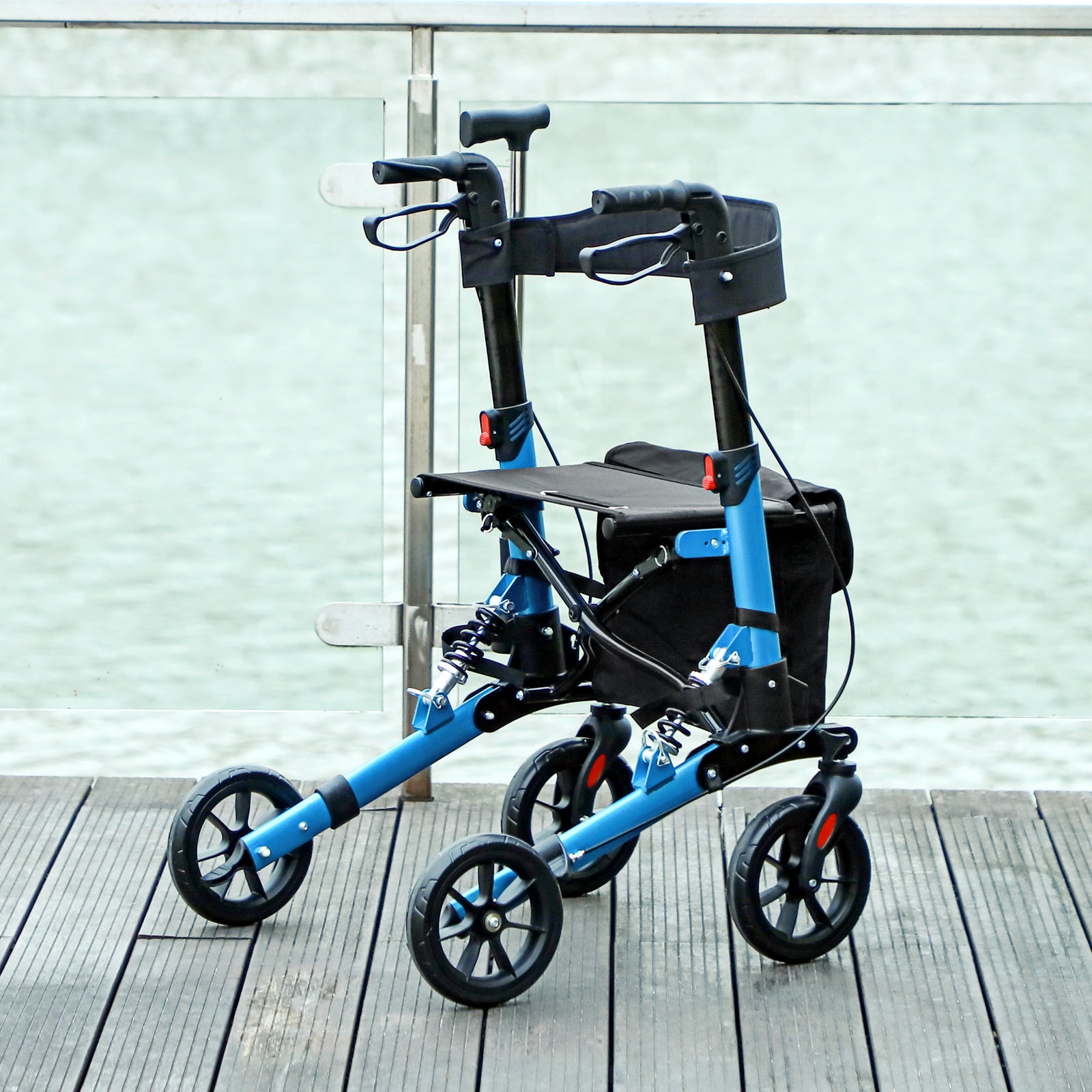 Folding Rollator Walker With Seat, Backrest, Bag, 4 Wheels | One Size | Blue