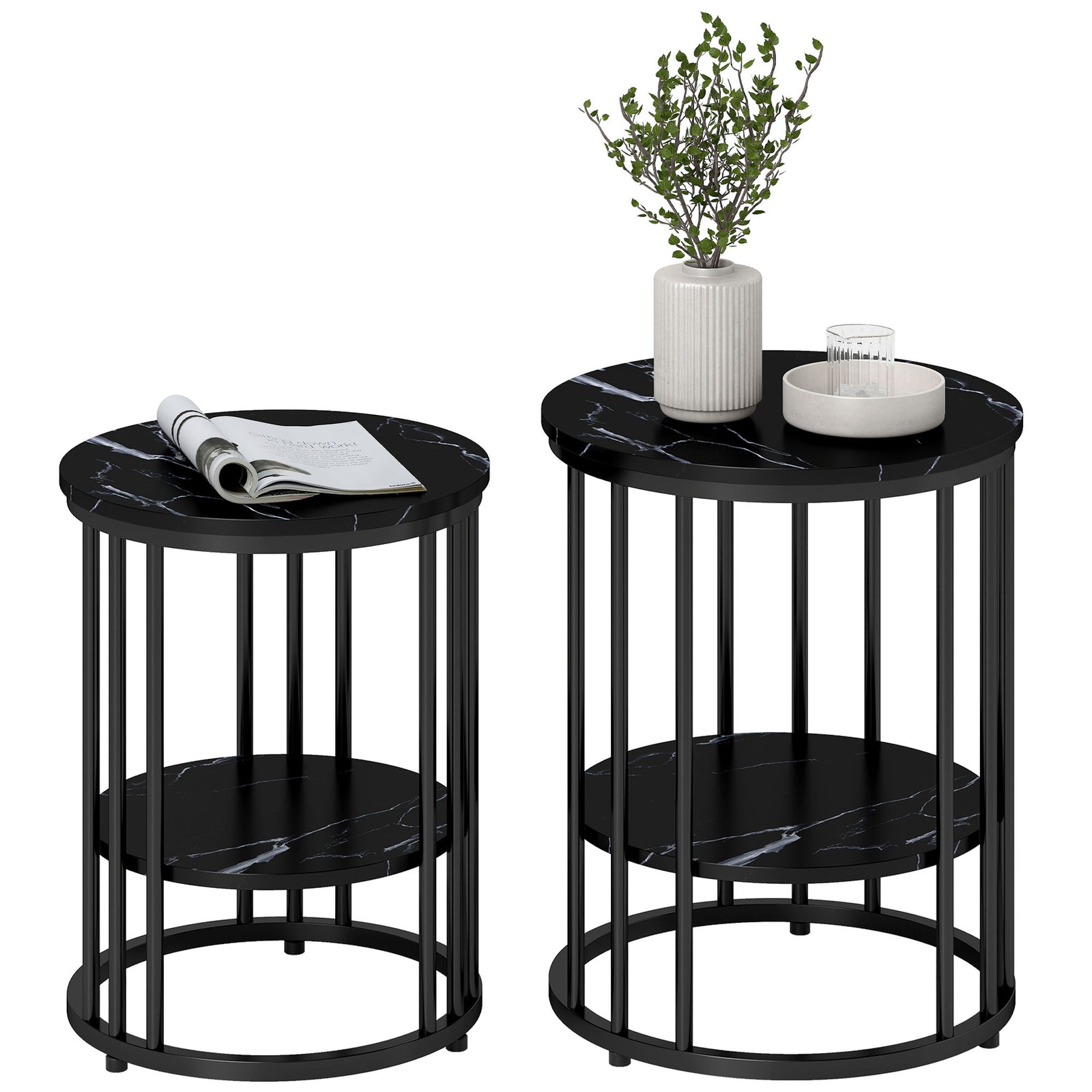 Marble-effect Round Coffee Table Set Of 2 For Living Room | Black