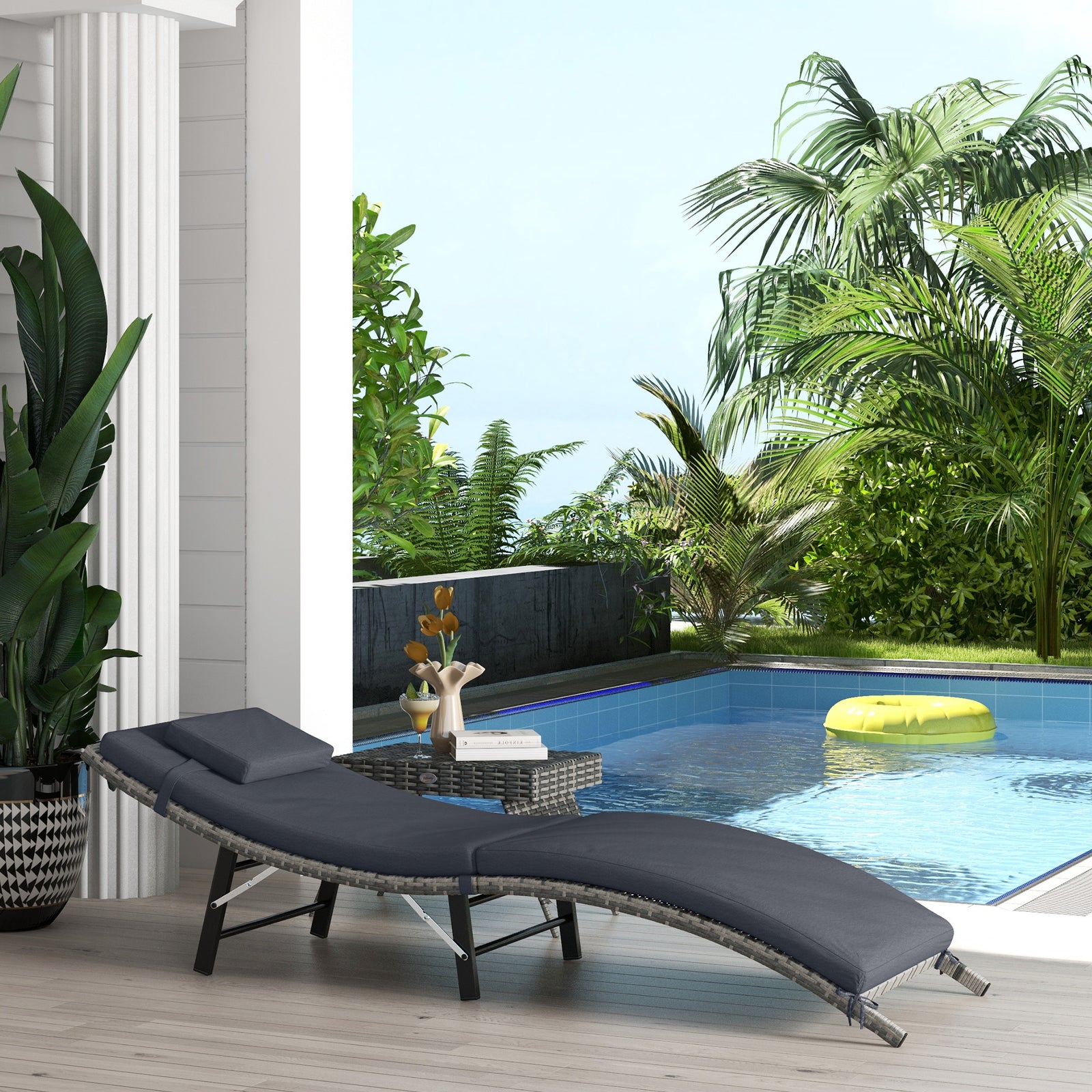 Folding Rattan Sun Lounger W/ Cushion
