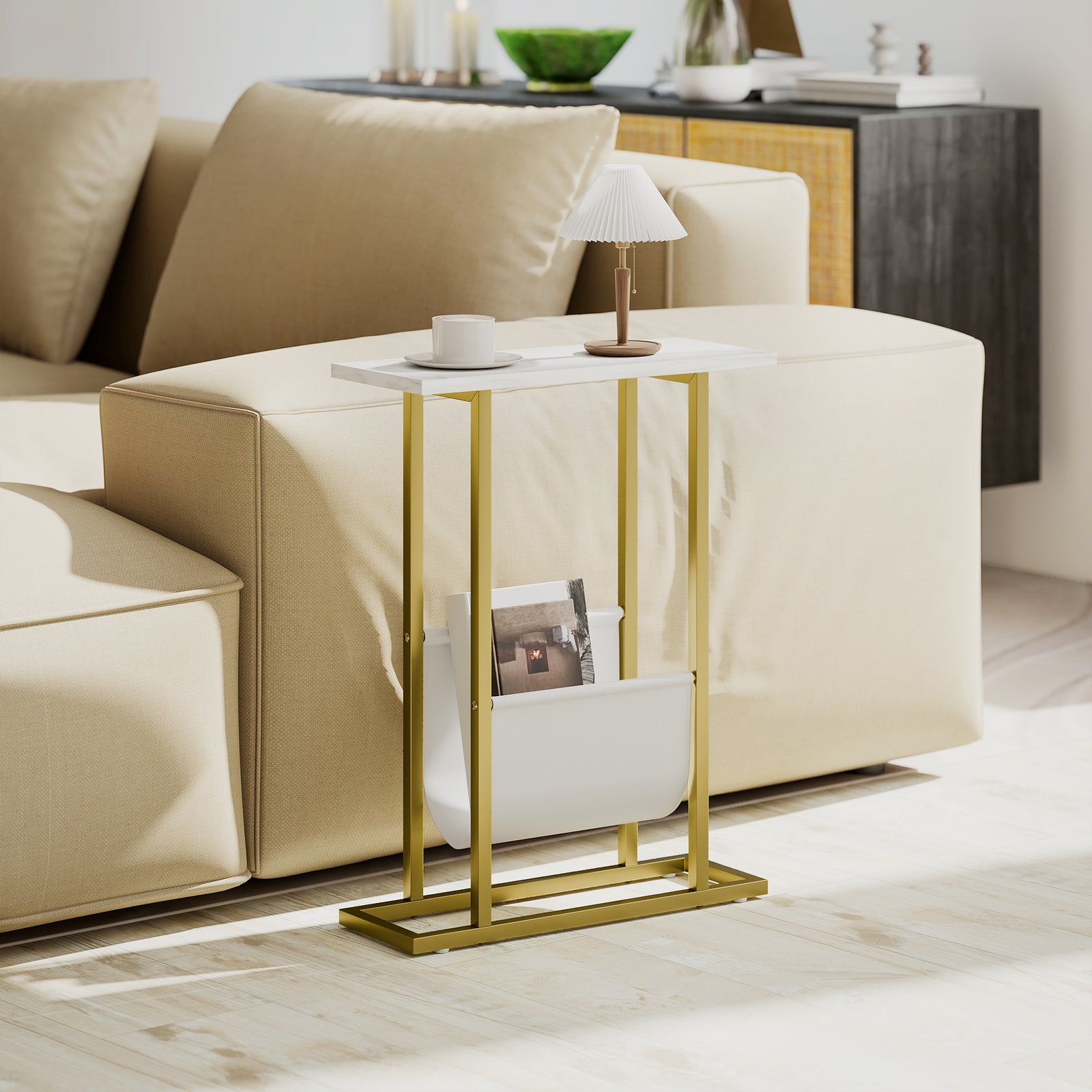 HOMCOM Narrow Side Table, End Table With Magazine Holder For Small Spaces