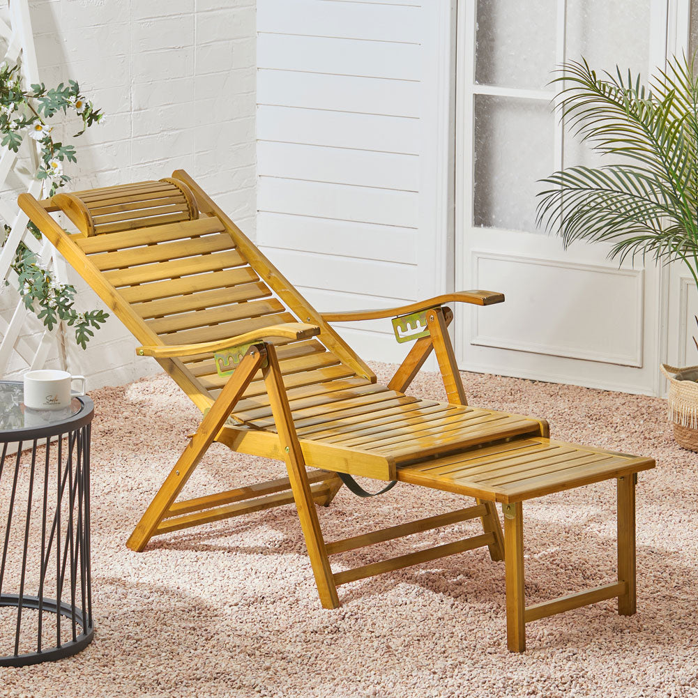 Bamboo Foldable Recliner Lounge Chair With Retractable Footrest | Light Brown