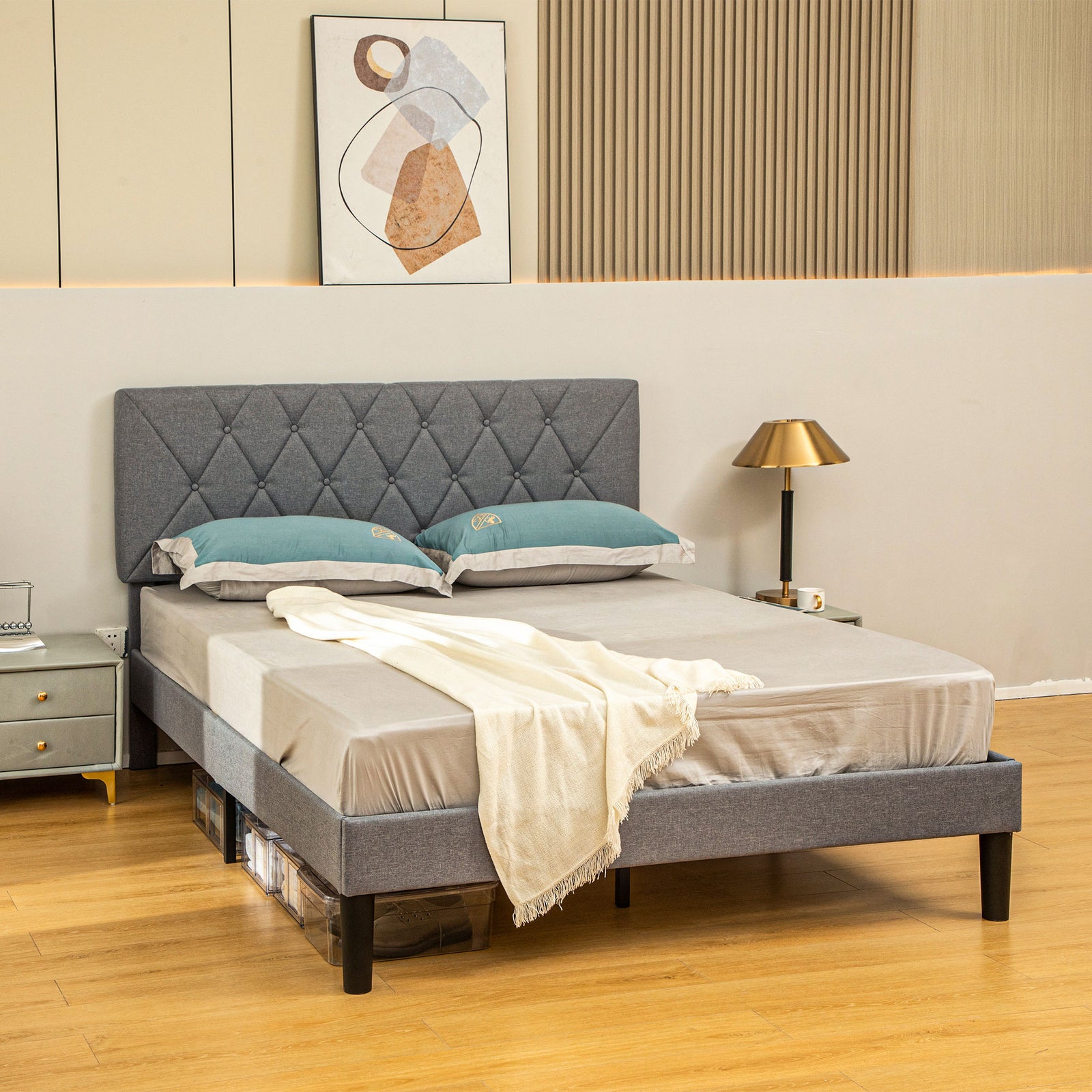 Double/king Bed Frame W/ 5 Level Adjustable Linen Headboard | King