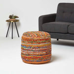 HOMESCAPES Red And Multi-colour Chindi Design Circular Bean Filled Pouffe