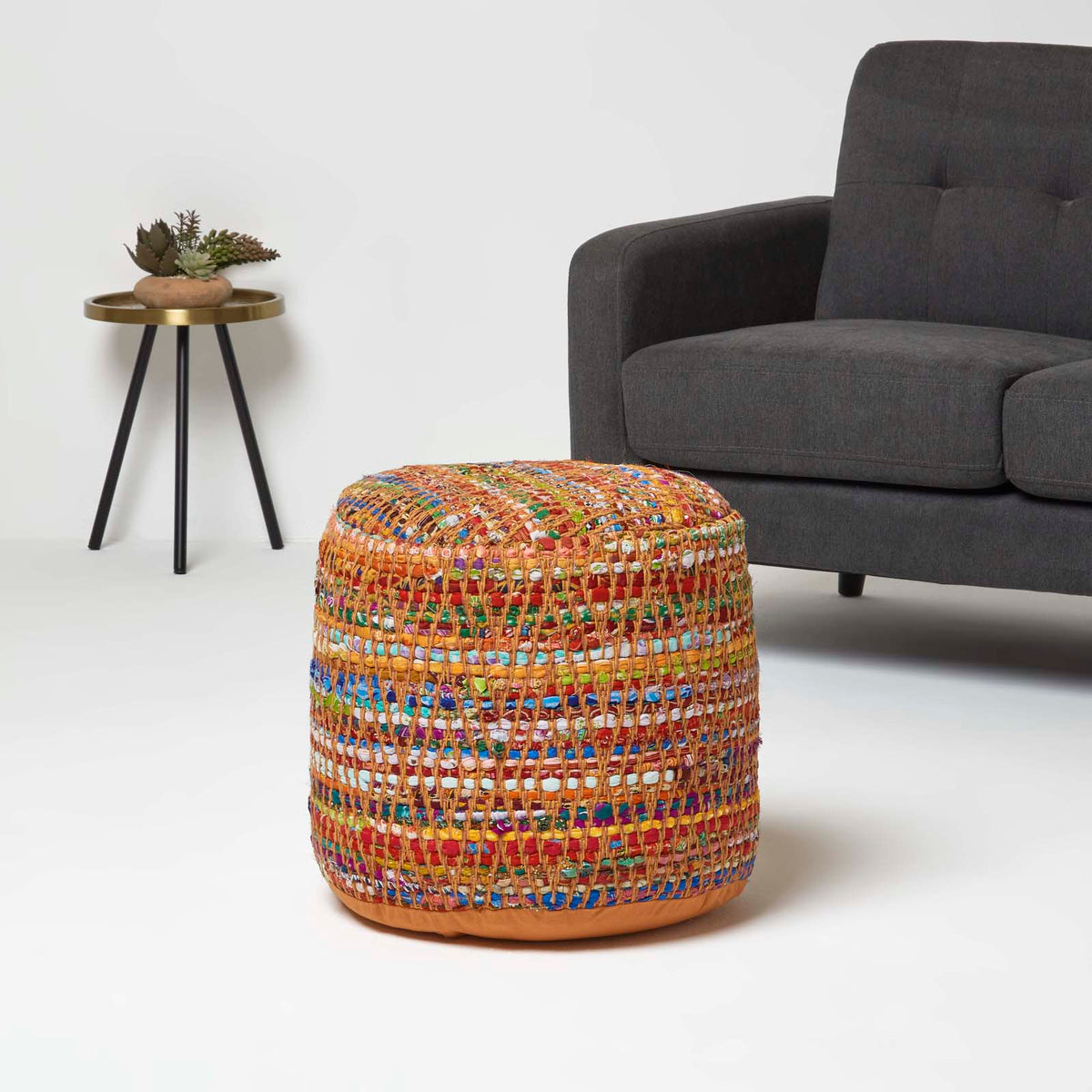 HOMESCAPES Red And Multi-colour Chindi Design Circular Bean Filled Pouffe