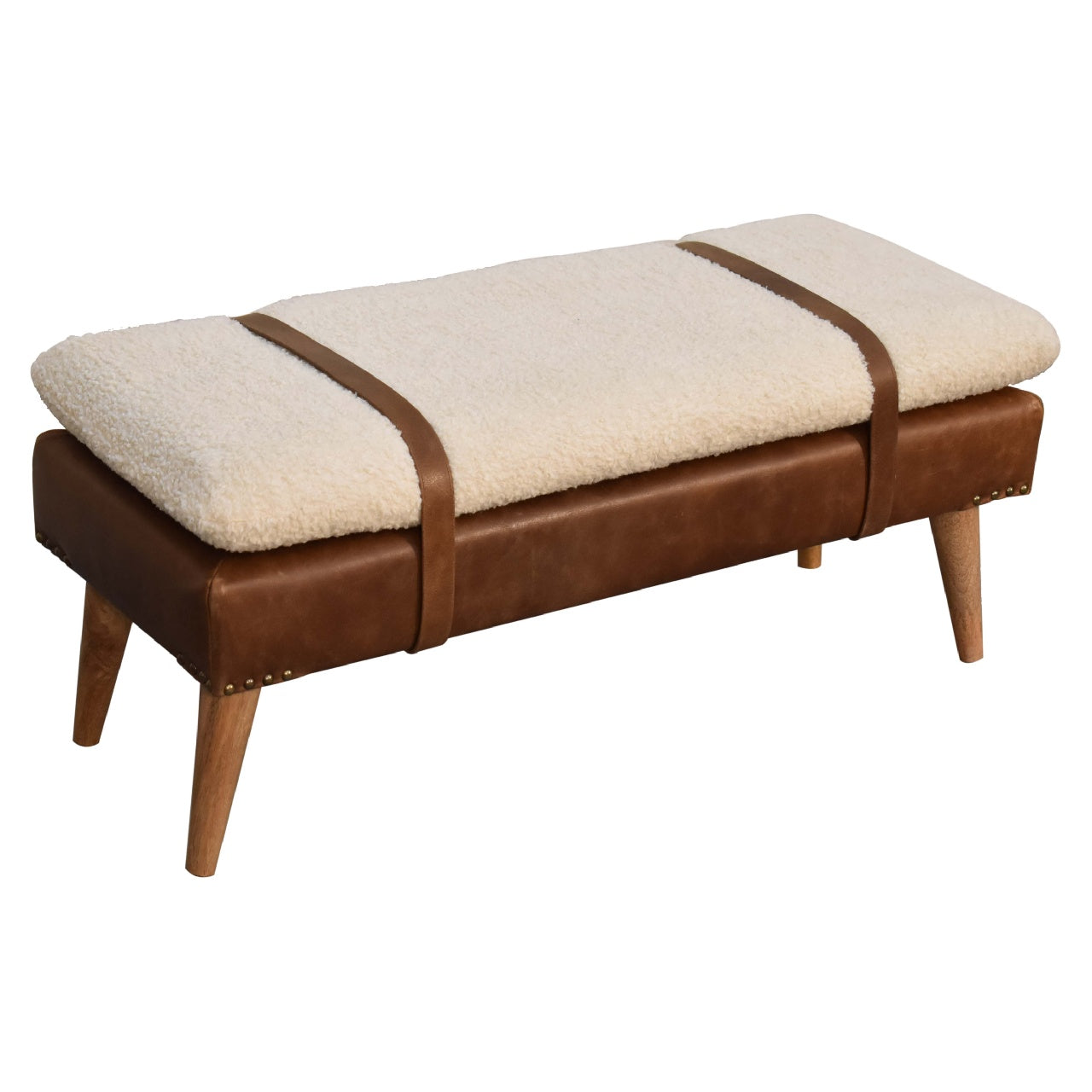 Solid Wood Boucle Buffalo Hide Leather Bench