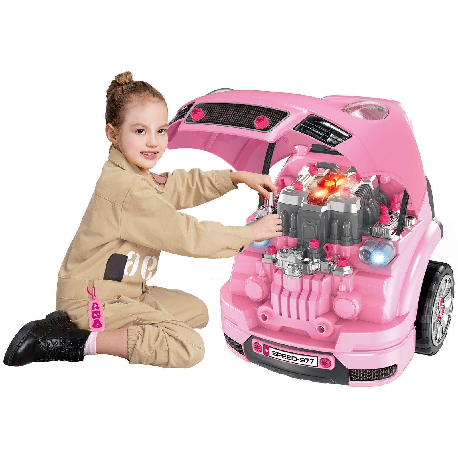 Kids Truck Engine Toy Set W/ Horn, Light, Car Key, For Ages 3-5 Years | Pink