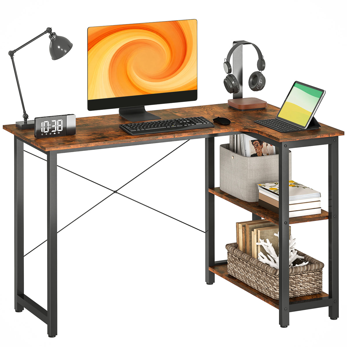 HOMCOM L-shaped Computer Desk Study Workstation With 2 Shelves, Steel Frame