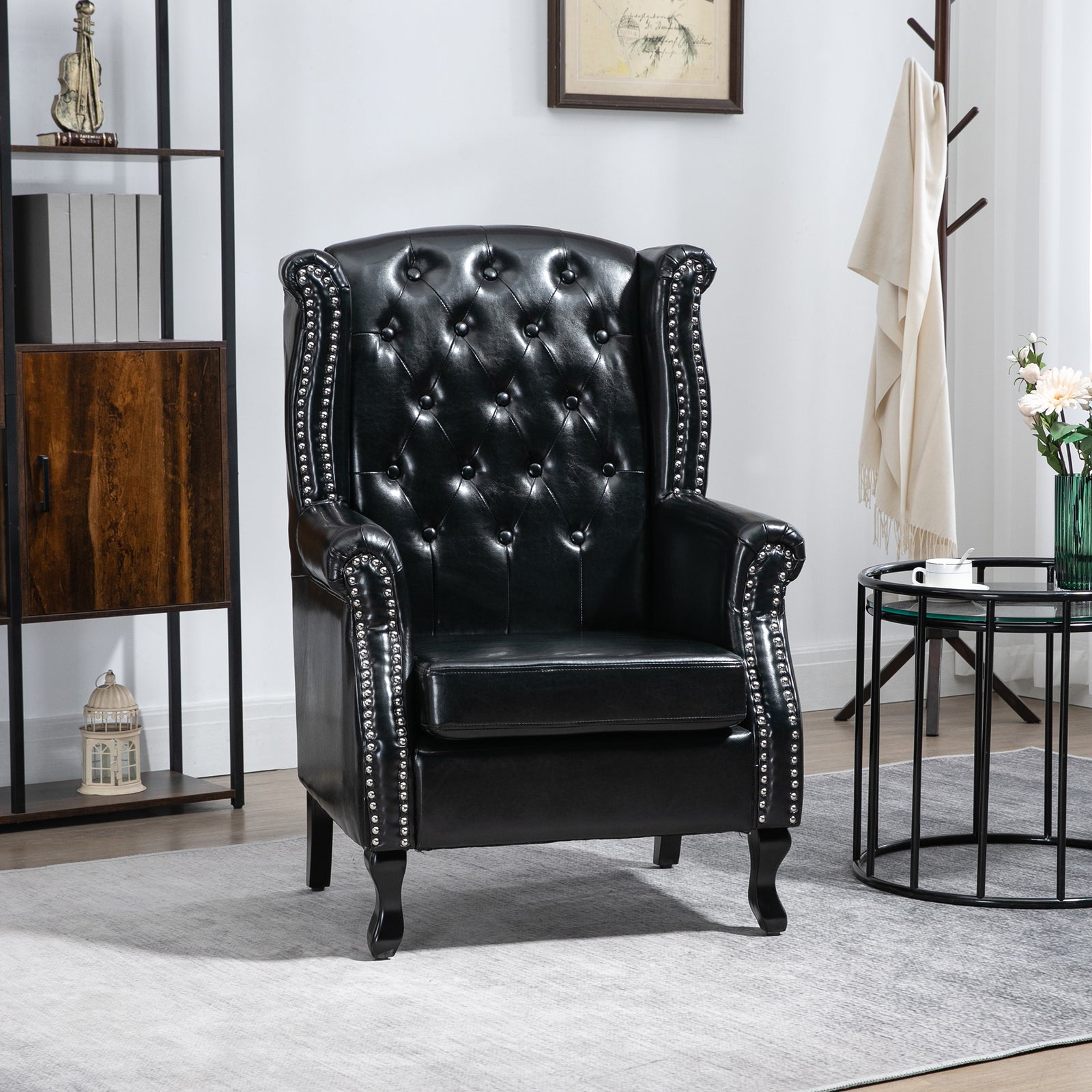 Chesterfield Style Wing Back Armchair Tufted Accent Chair | One Size | Black