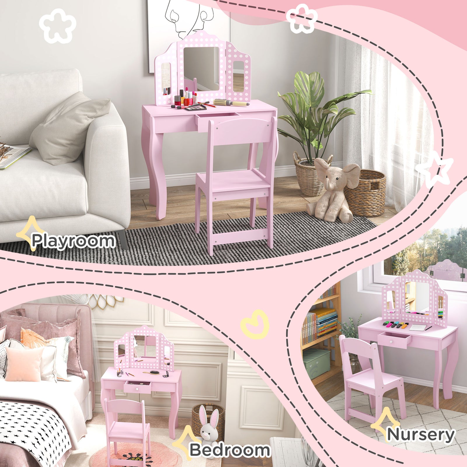 Kids Dressing Table Set Make Up W/ Stool, Drawer, For Playroom | Pink