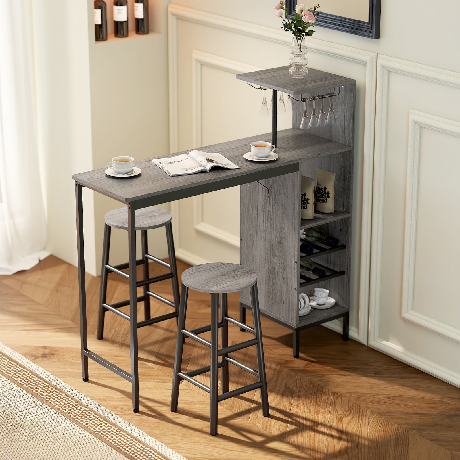 HOMCOM 3 Pieces Dining Room Set, 6-tier Dining Table And Stools, Natural