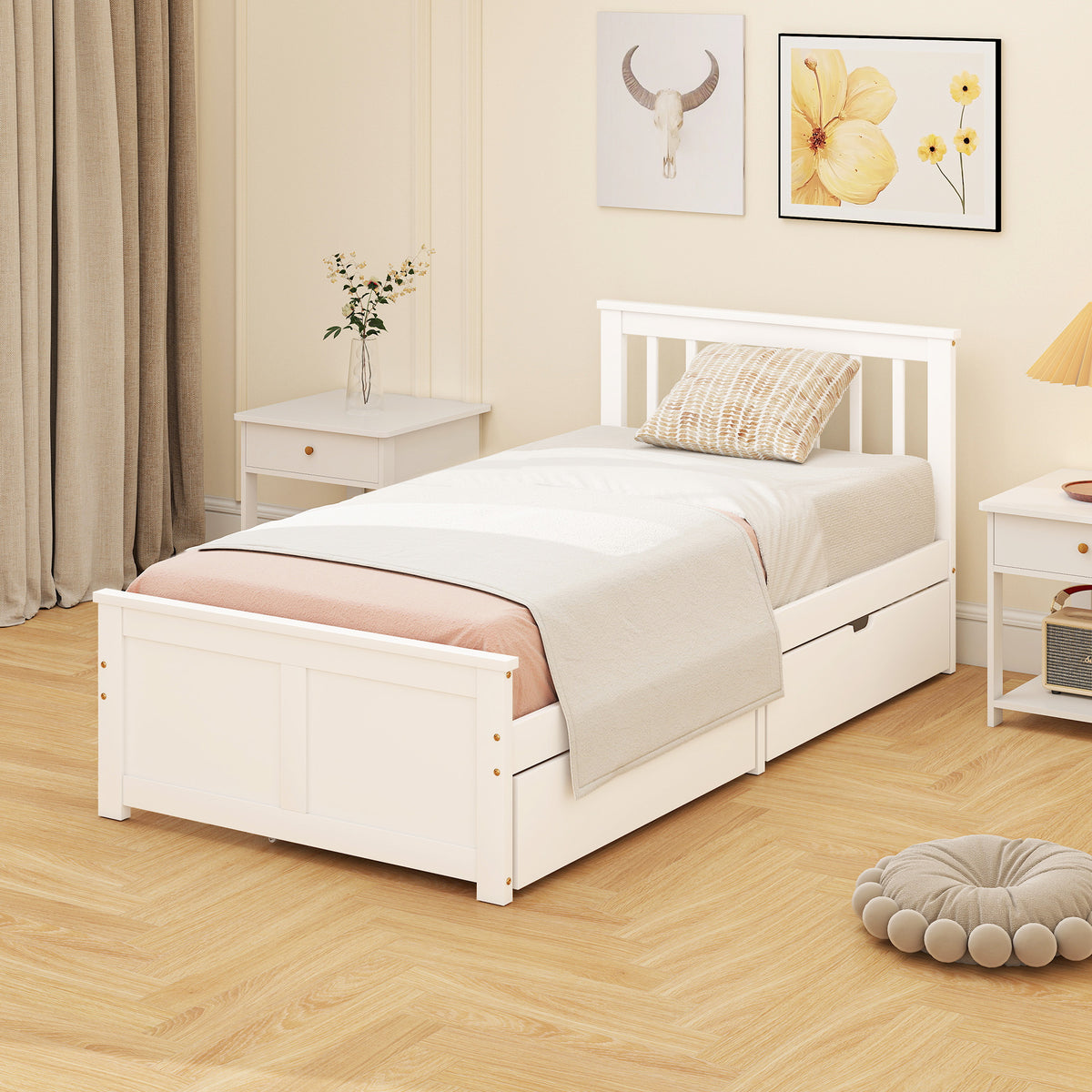 HOMCOM Storage Bed With 2 Drawers, Pine Wood Bed Frame, 90 X 190 Cm, White