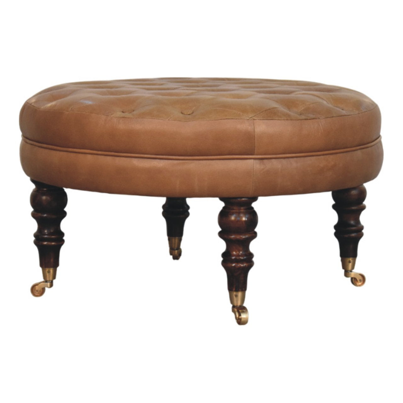Artisan Furniture Solid Wood Brown Buffalo Leather Round Ottoman With Castor Legs, Upholstered