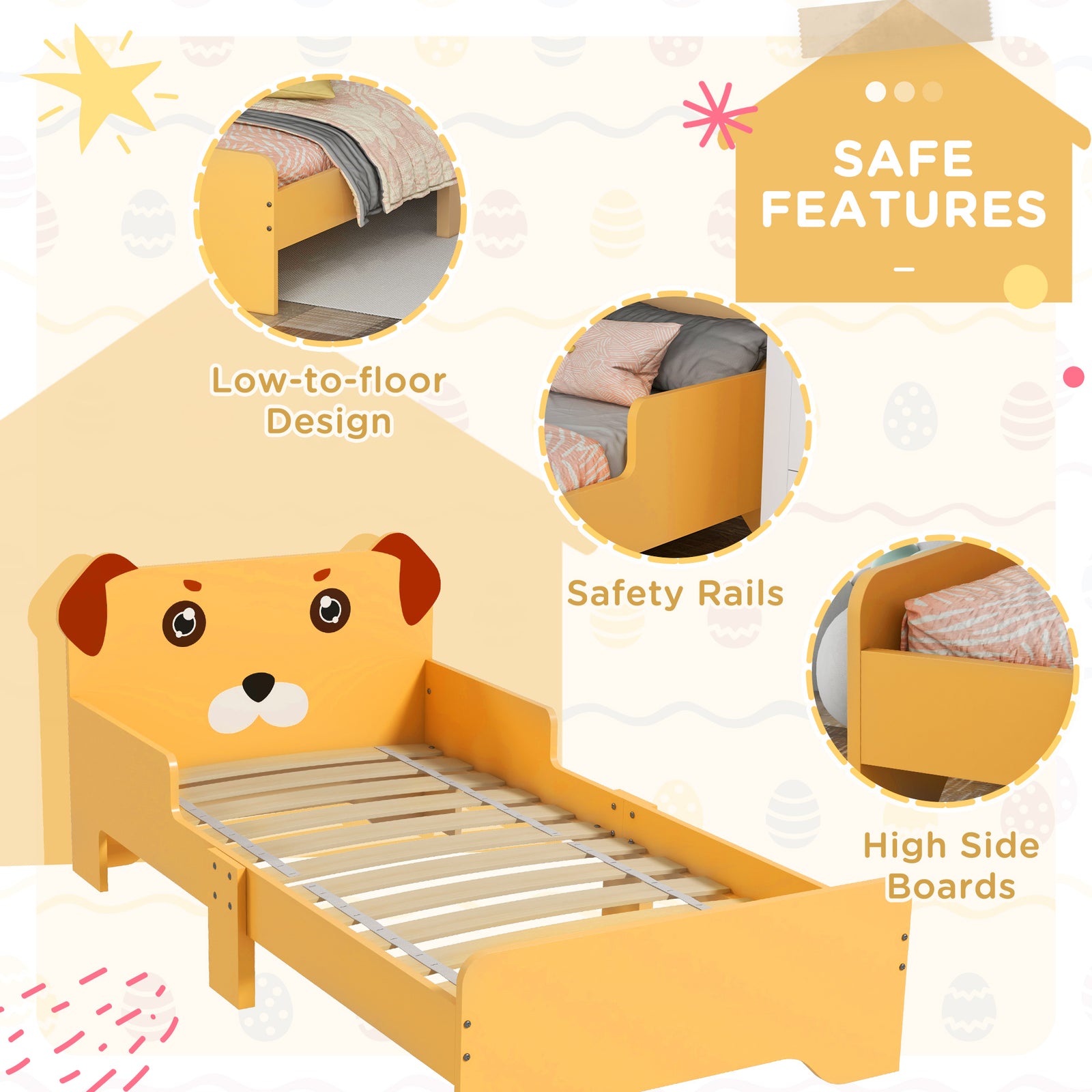 Toddler Bed Frame, Puppy-themed Design, 143 X 74 X 58cm - Yellow | Yellow