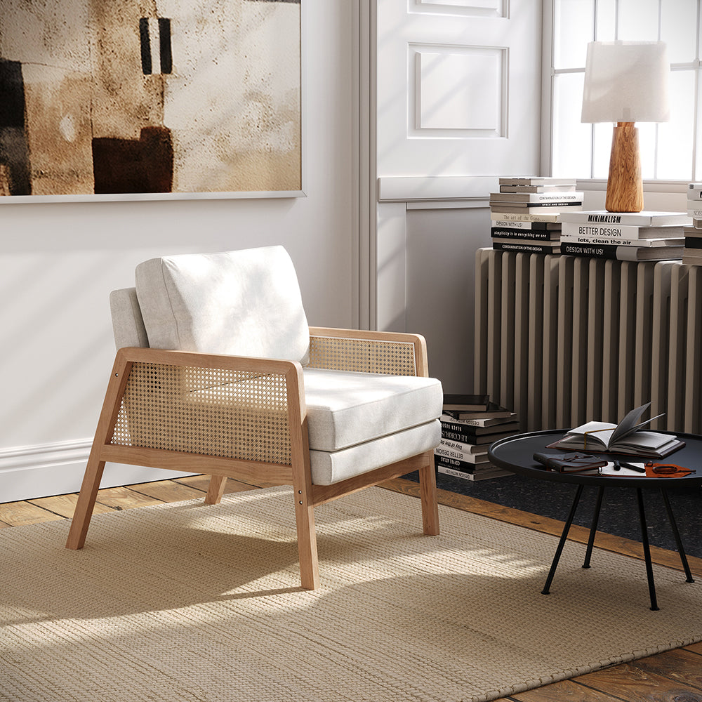 Well-crafted Modern Fabric Armchair With Wooden Frame And Caned Sides, Fluffy Backrest And Thick Cushions | Beige