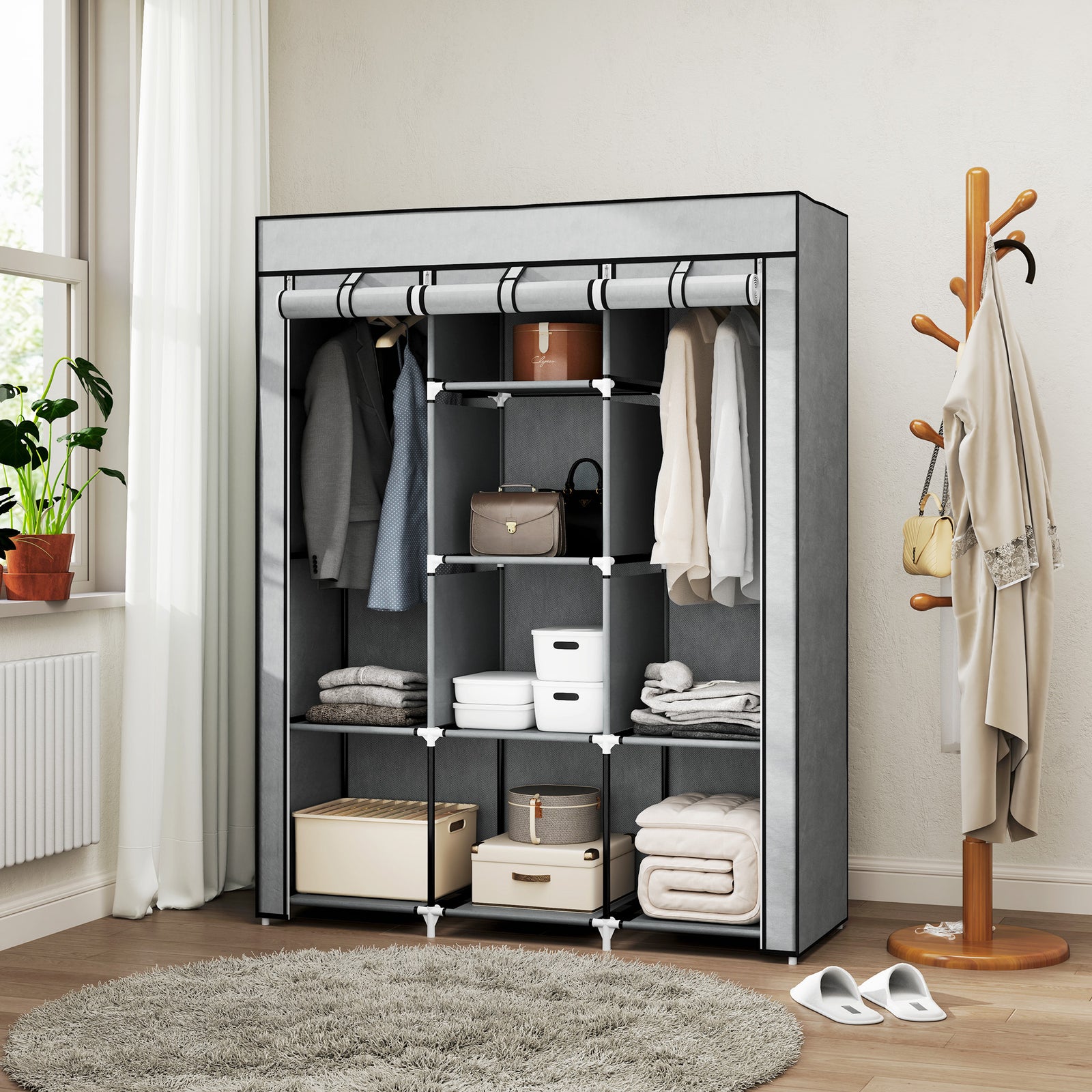 Fabric Portable Wardrobe With 8 Shelves 2 Hanging Rails | Grey