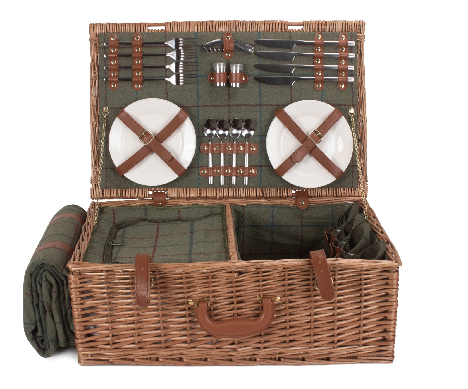 4 Person Green Tweed Fitted Picnic Wicker Basket