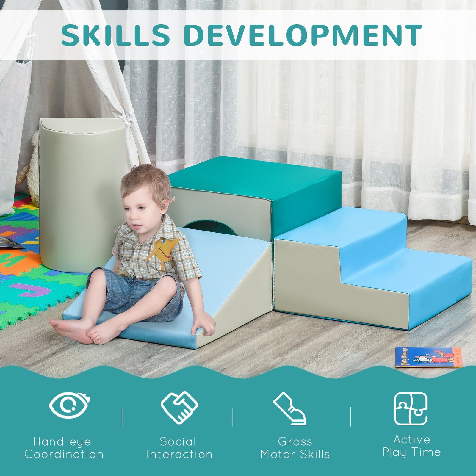 4-piece Soft Play Set, Baby Foam Block Toy Toddler 1-3 Years | Blue