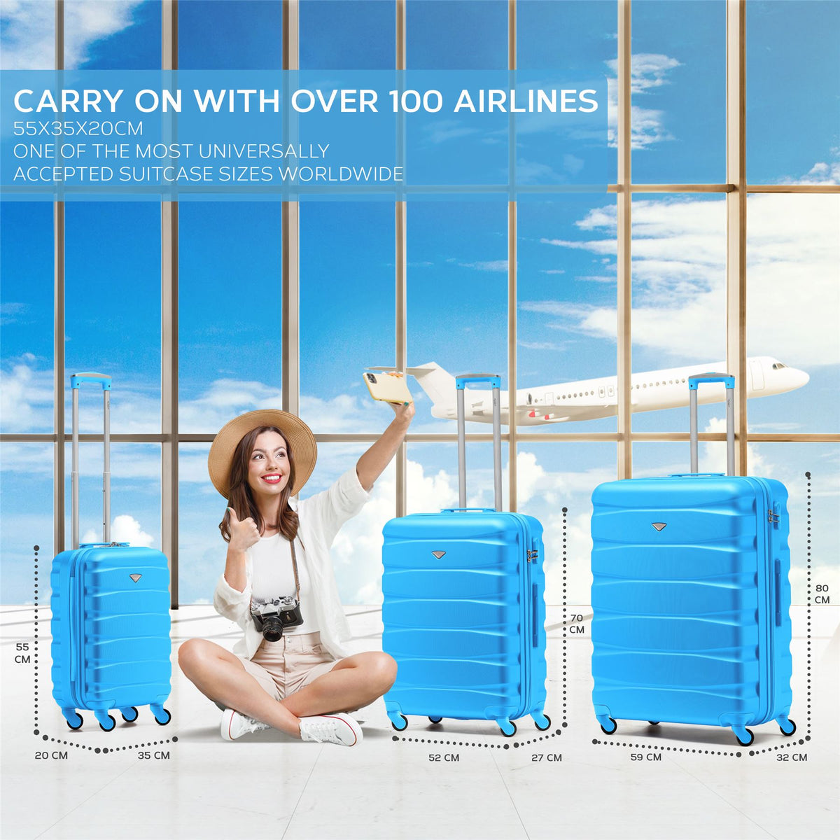 Set Of 3 Hard Shell Suitcase Cabin & Check In Cases With Tsa Lock - Overhead Cabin With Medium & Large Check-in Bag | Set of 3 | Turquoise