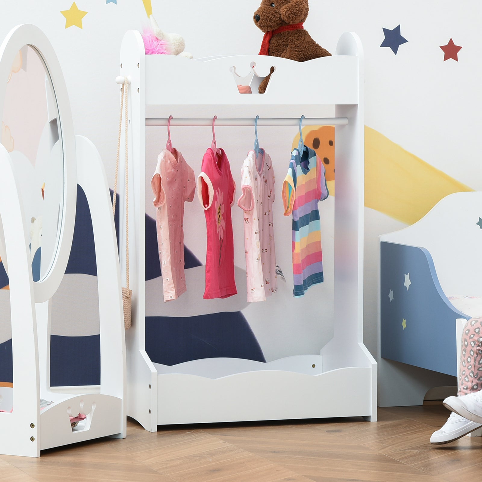 Kids Wood Clothes Rack With Storage Shelves Hall Tree For 3-8 Years