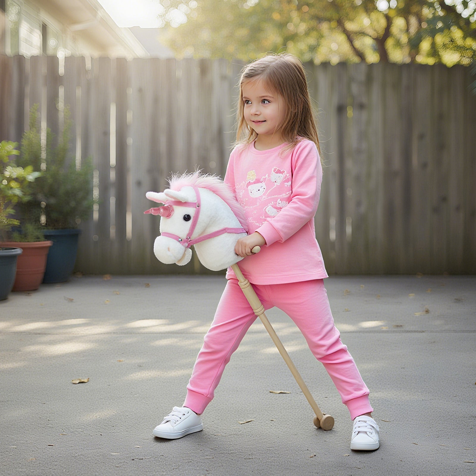 Stick Horse With Wood Wheels, Pony Neighing And Galloping Sounds | White