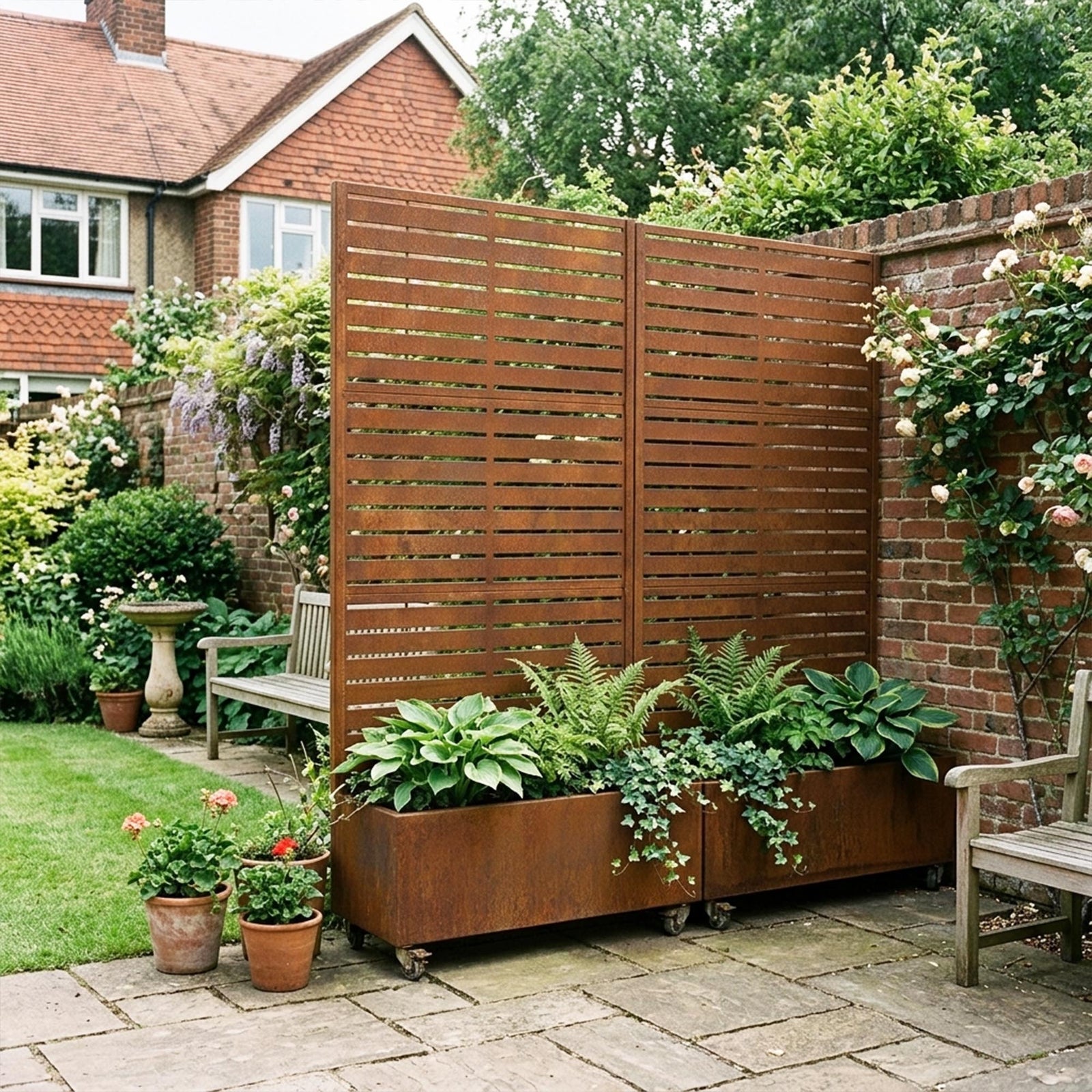 Metal Privacy Screen With Plant Pot - Slat | Rust