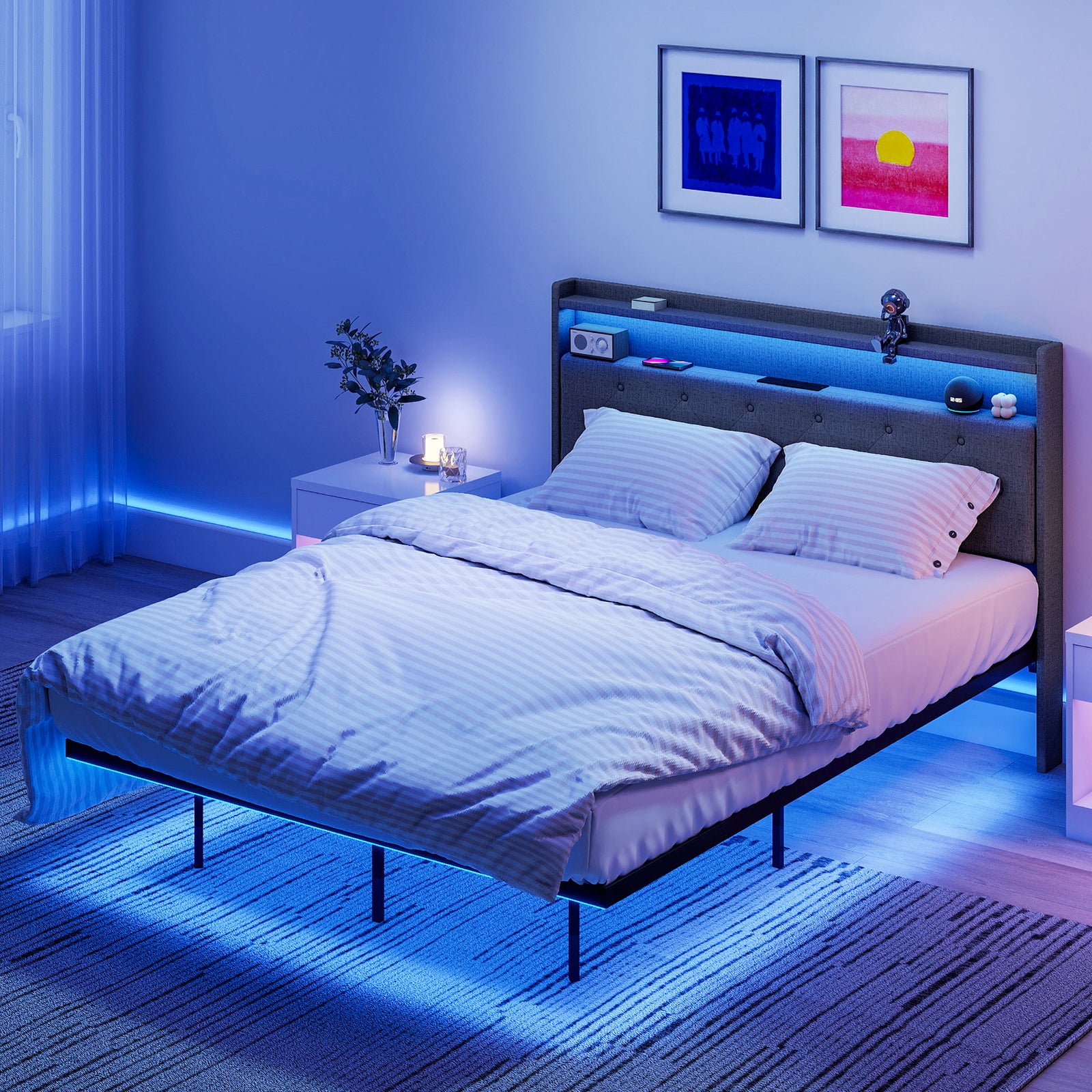 Floating Bed Frame With Rgb Lights, Upholstered Bed | Double | Grey