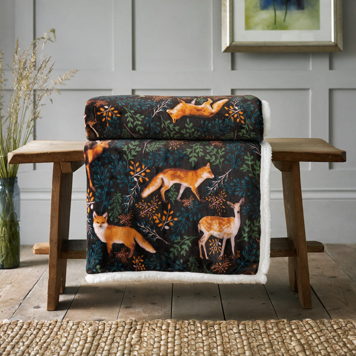 Fox & Deer Sherpa Fleece Heated Throw | 140cm x 180cm | Chocolate