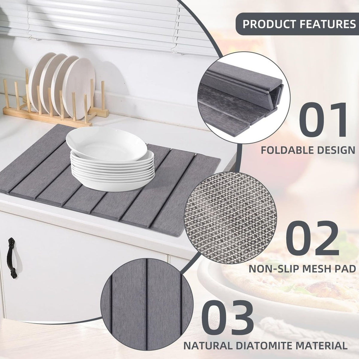 Stone Dish Drying Mat 60cm – Foldable Non-slip Diatomite Kitchen Drainer 40x30cm | Grey