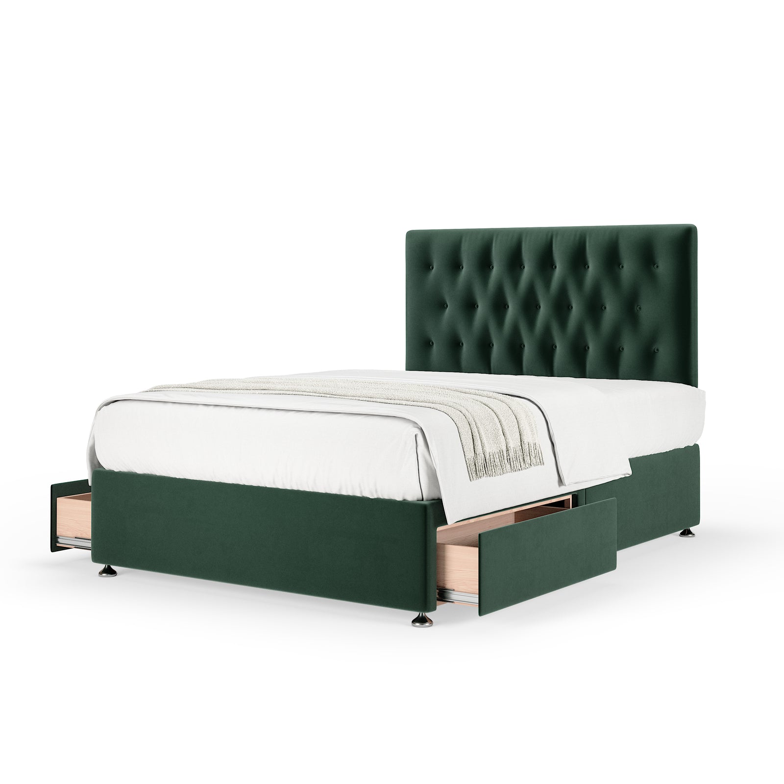 Plush Velvet 2 Drawer Divan Base And Button Headboard | Small Single | Green