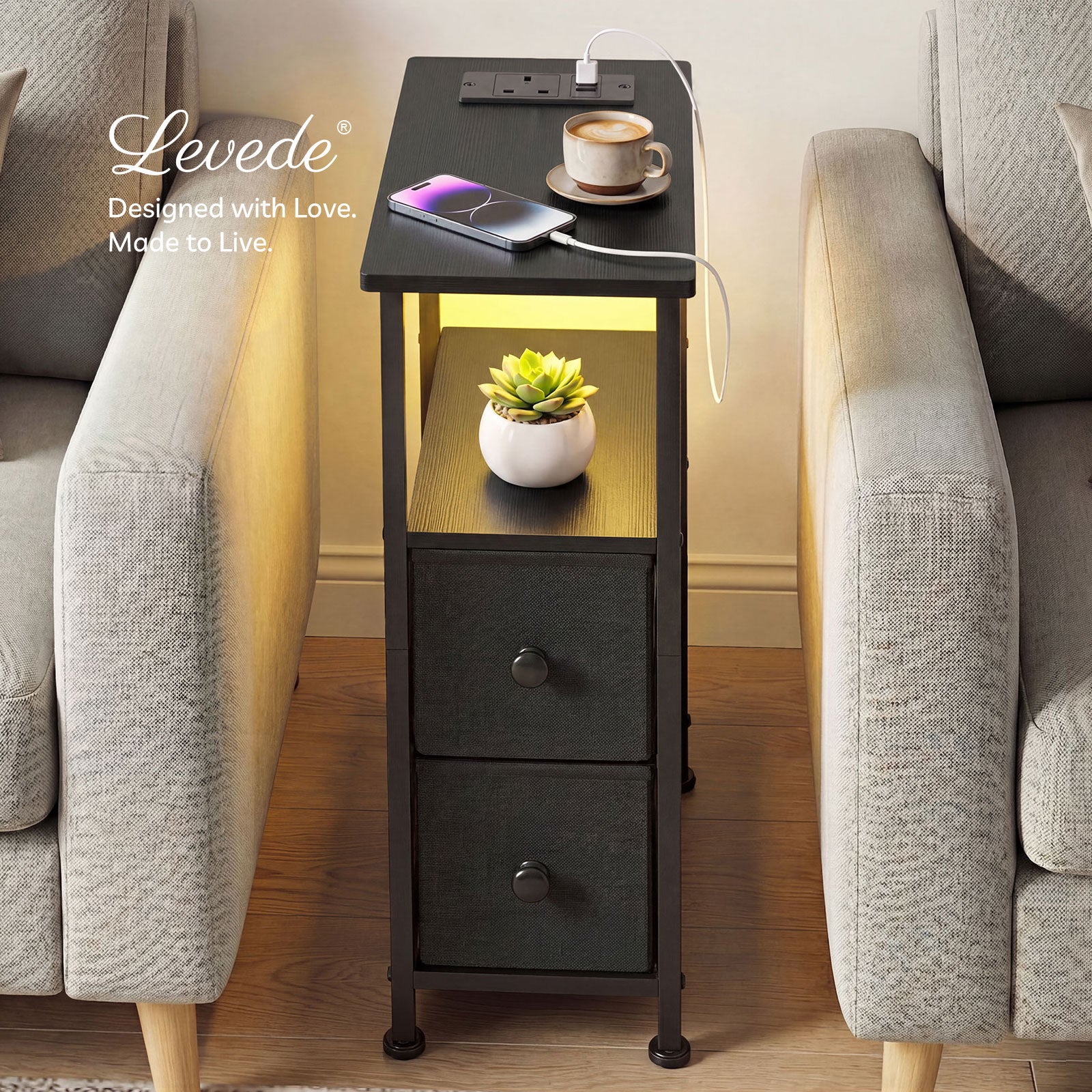 Bedside Table Narrow Side Table With Led Charging Station Storage Black | Black