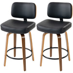 Bar Stools Set Of 2, 360 Swivel Padded Seat, Curved Wood Legs, Black