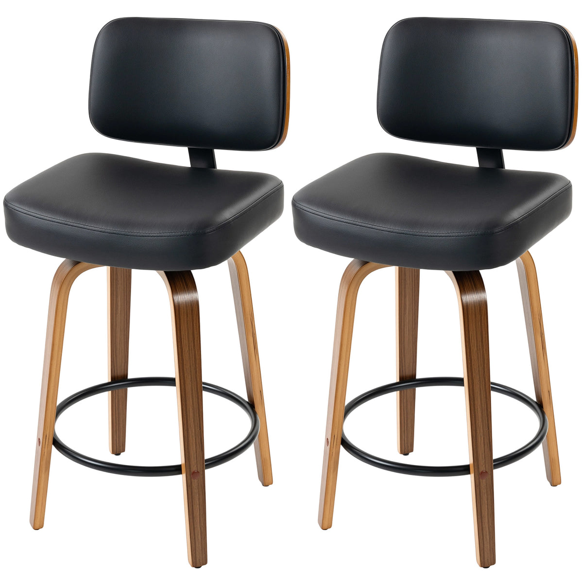 Bar Stools Set Of 2, 360 Swivel Padded Seat, Curved Wood Legs, Black