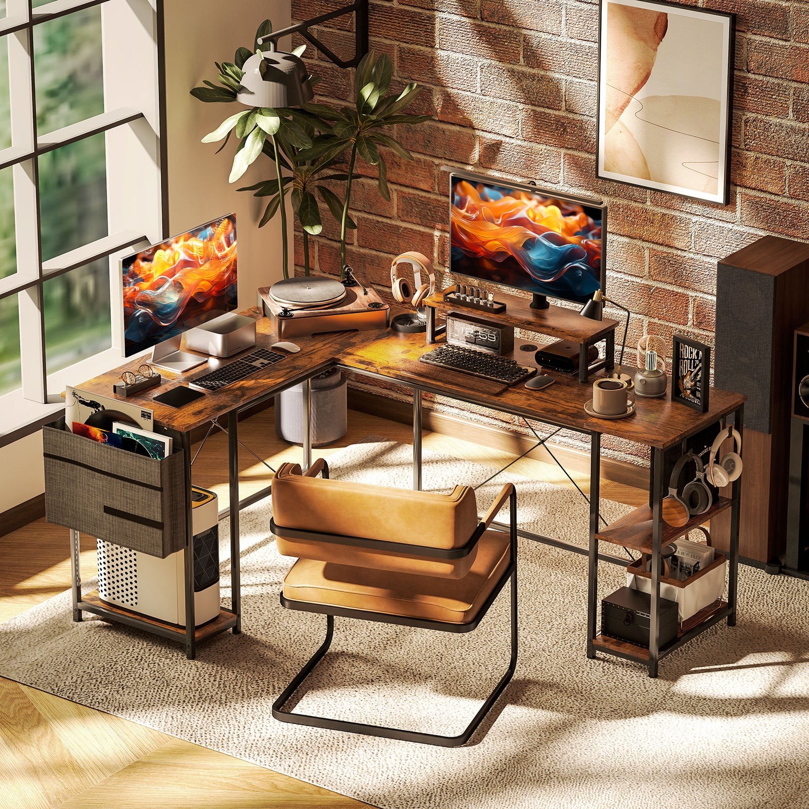 168cm Reversible L Shaped Desk, 240cm Two Person Desk | One Size | Brown