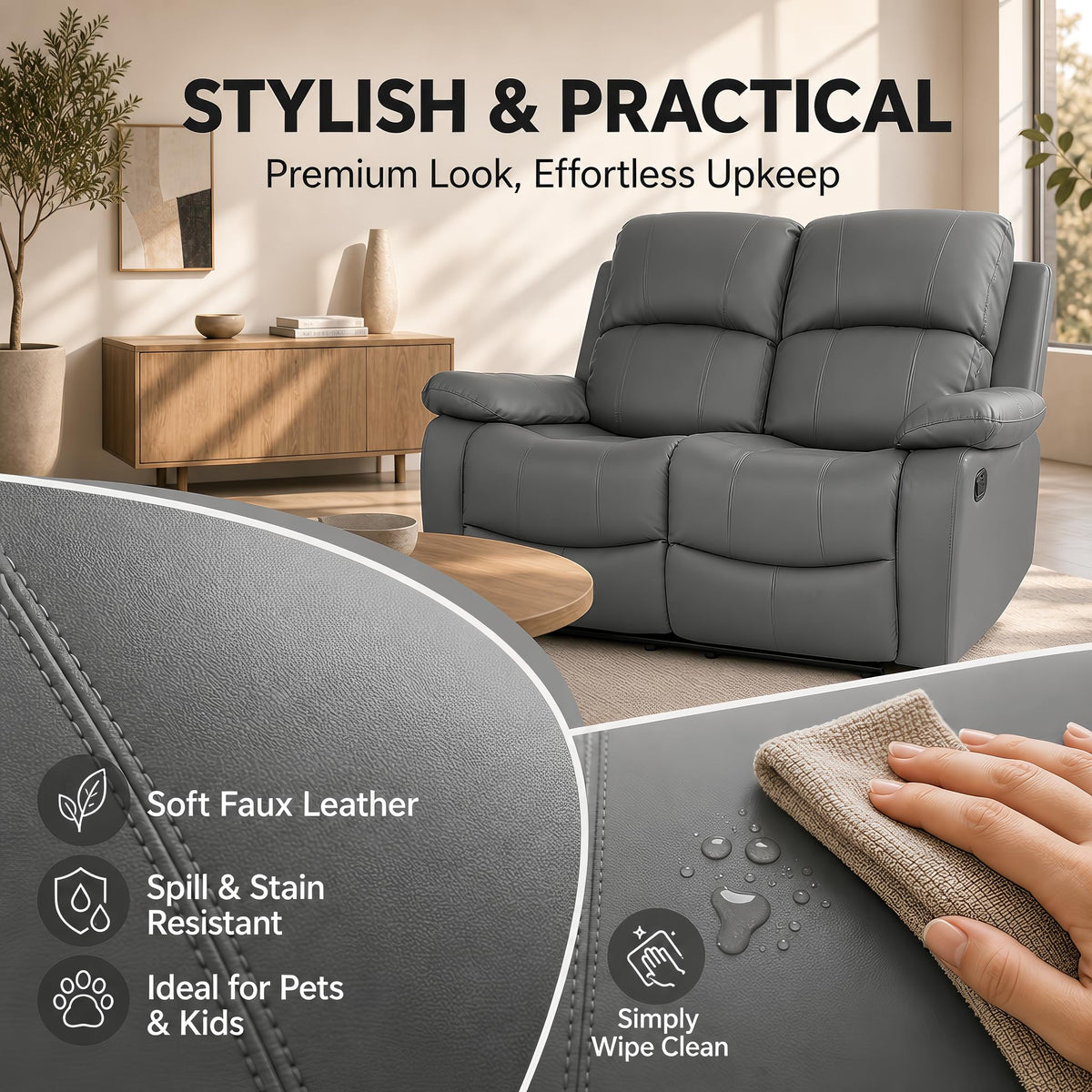 Manual Recliner Sofa 2 Seater Faux Leather | Grey