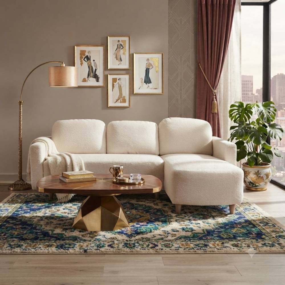 L-shaped Sofa And Chaise Lounge Set With Wooden Legs | White