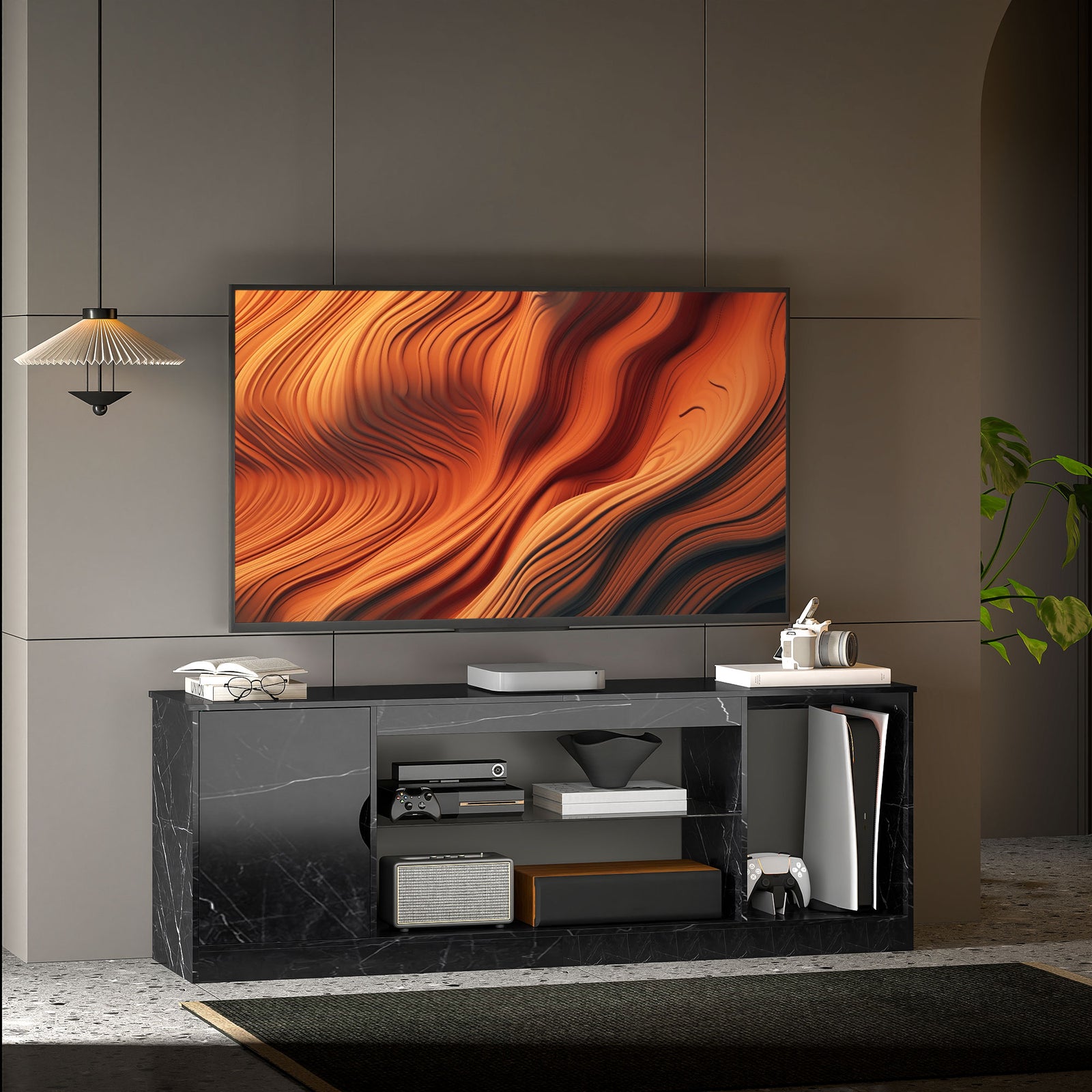 HOMCOM Marble Effect Tv Stand Cabinet With Glass Shelf For 55 Inch Tvs