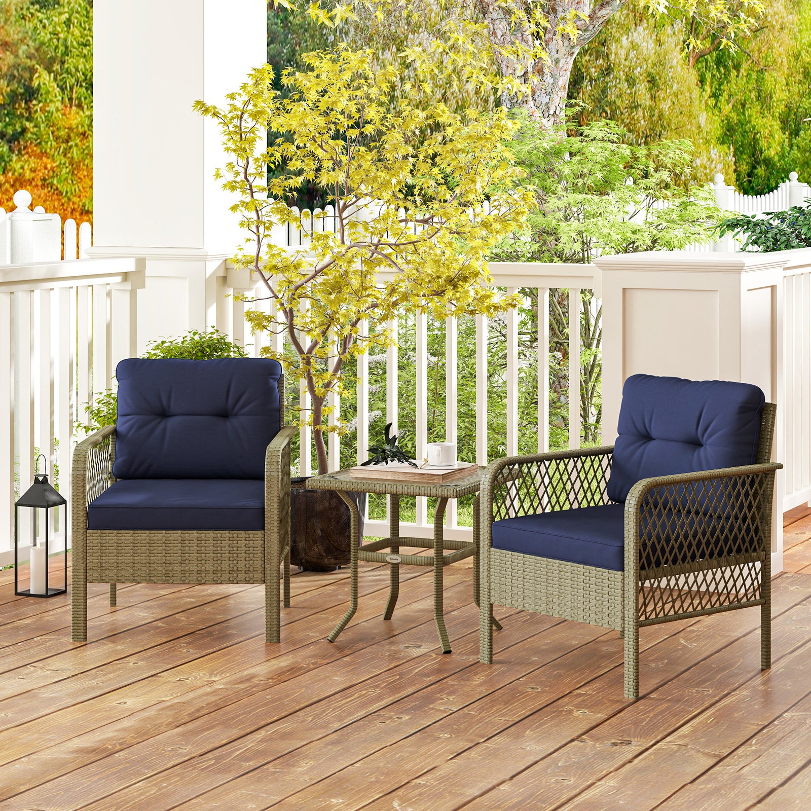 3 Piece Rattan Bistro Set, Glass Top Table And Chairs | Charcoal Gray