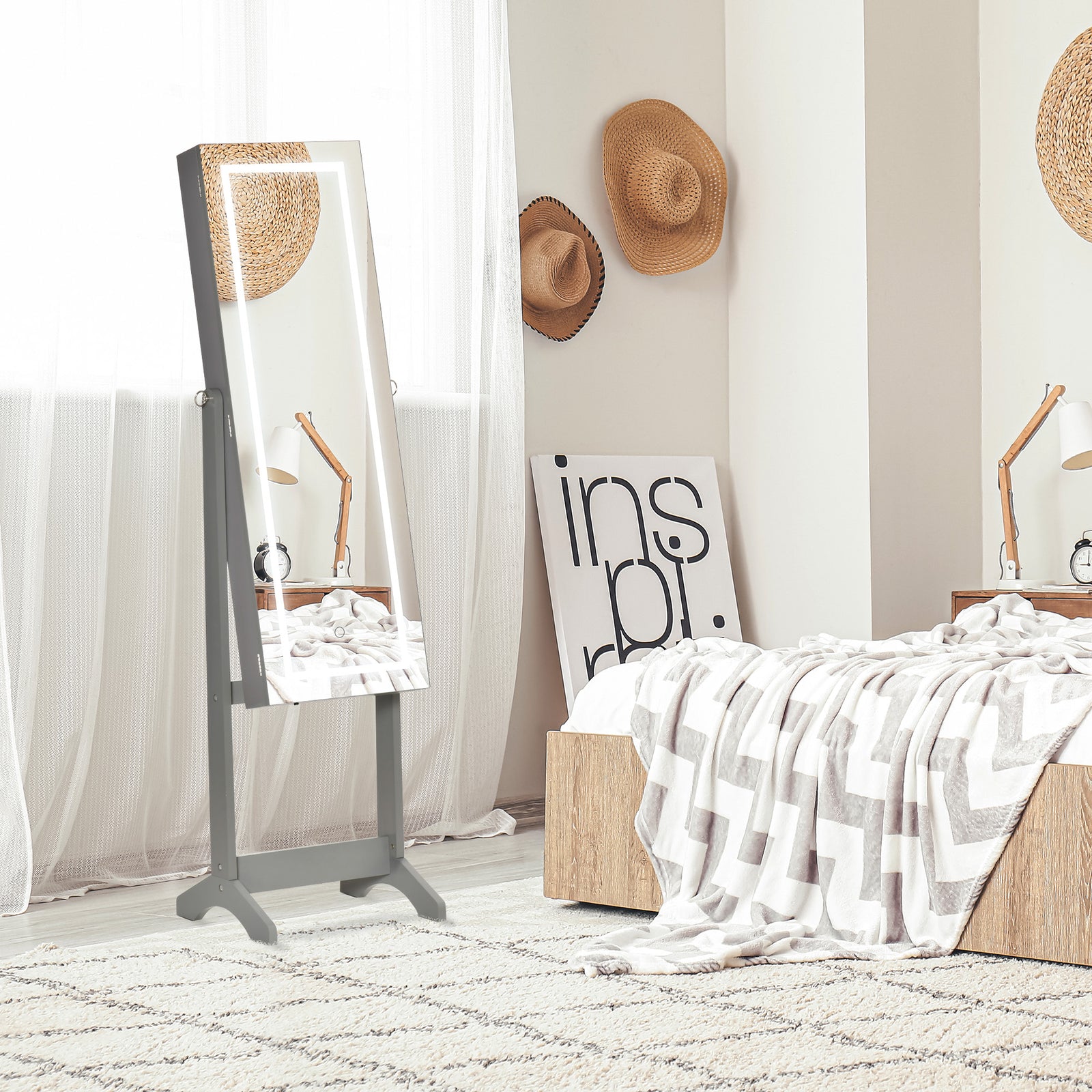 Mirrored Jewellery Cabinet W/ Led Lockable Jewellery Armoire | One Size | Gray