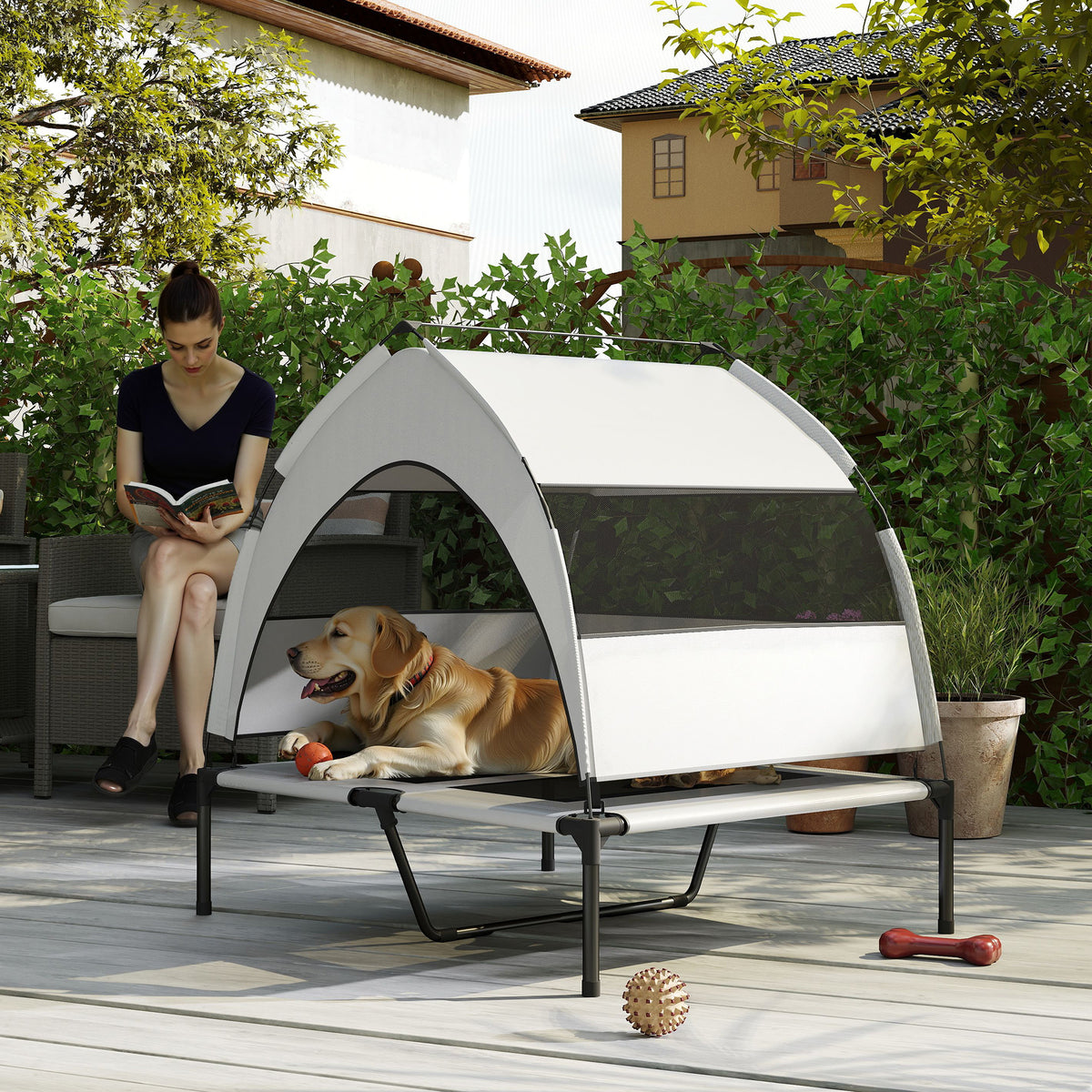 Pawhut Portable Elevated Dog Bed With Removable Canopy, 92 X 75 X 85 Cm
